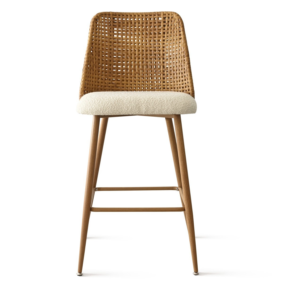 Set of 3 Upholstered Boucle Rattan Full Back Counter Stool