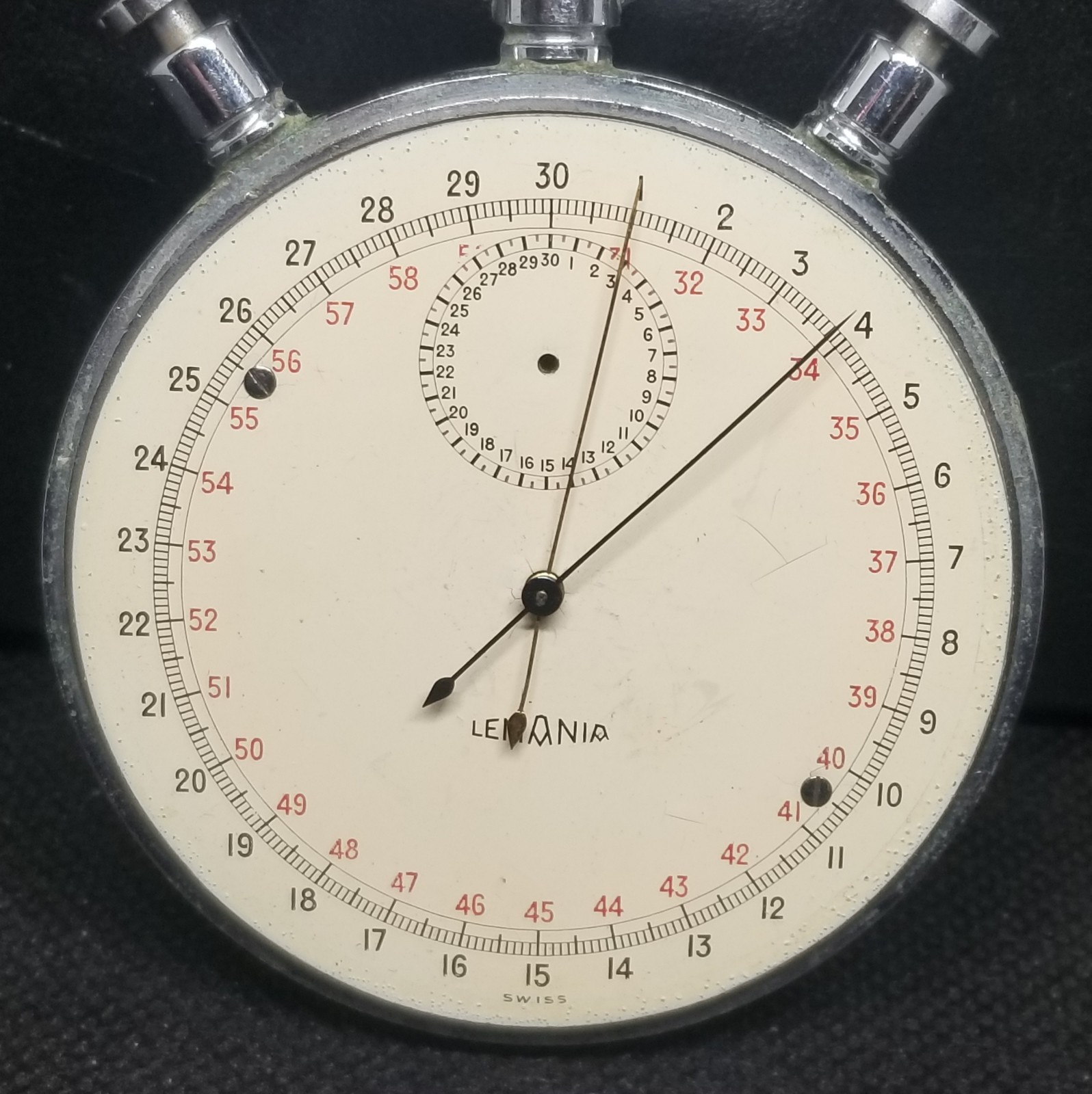 J0269 1948 Swiss Large Lemania Split Second Stop Watch, Needs Work.