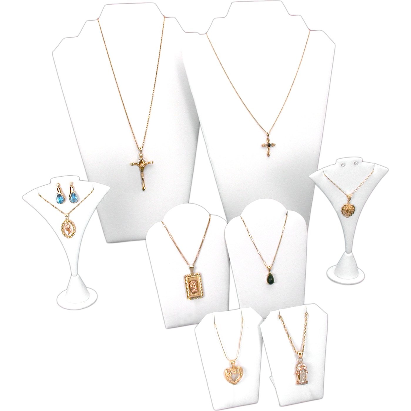 8 Pc Set White Faux Leather Necklace Chain Display