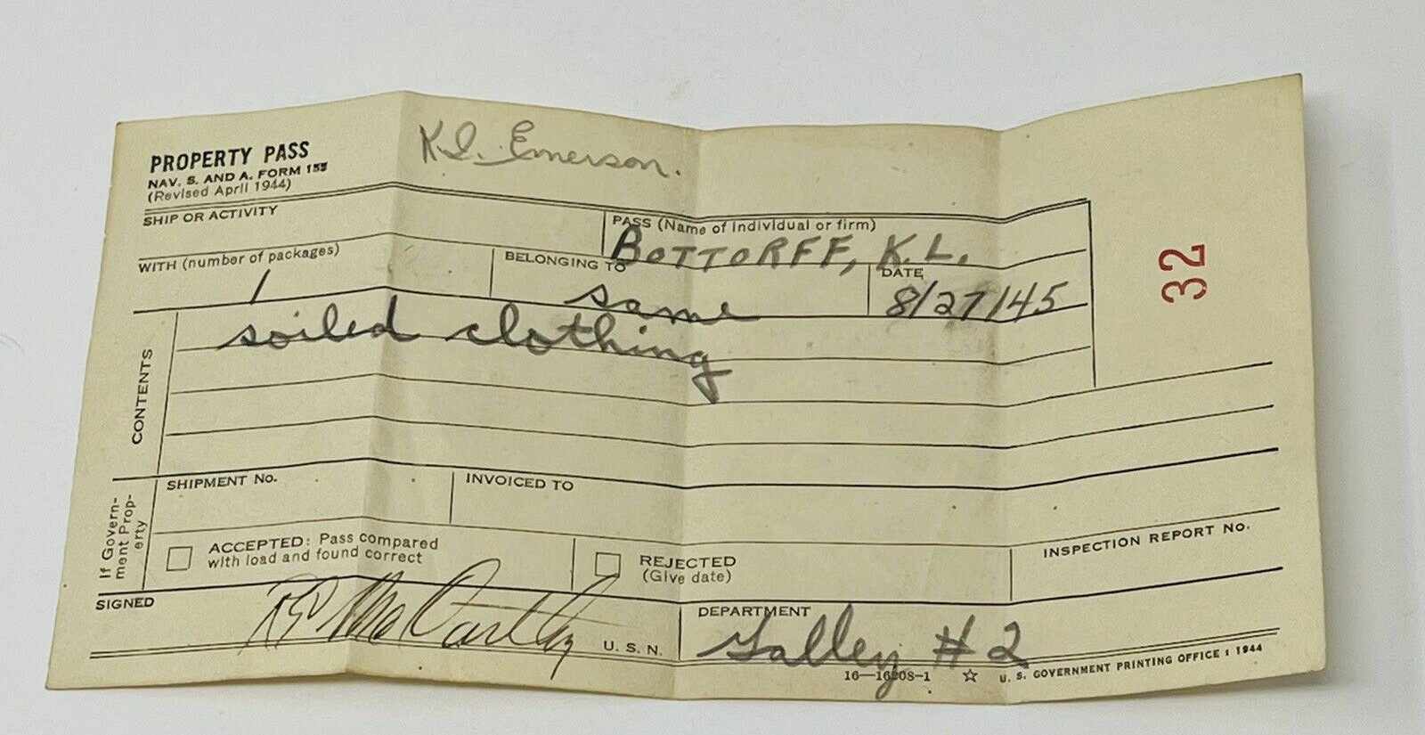 WWII 1945 Laundry Property Receipt Homoja Base Housing U.S. Navy San Bruno CA