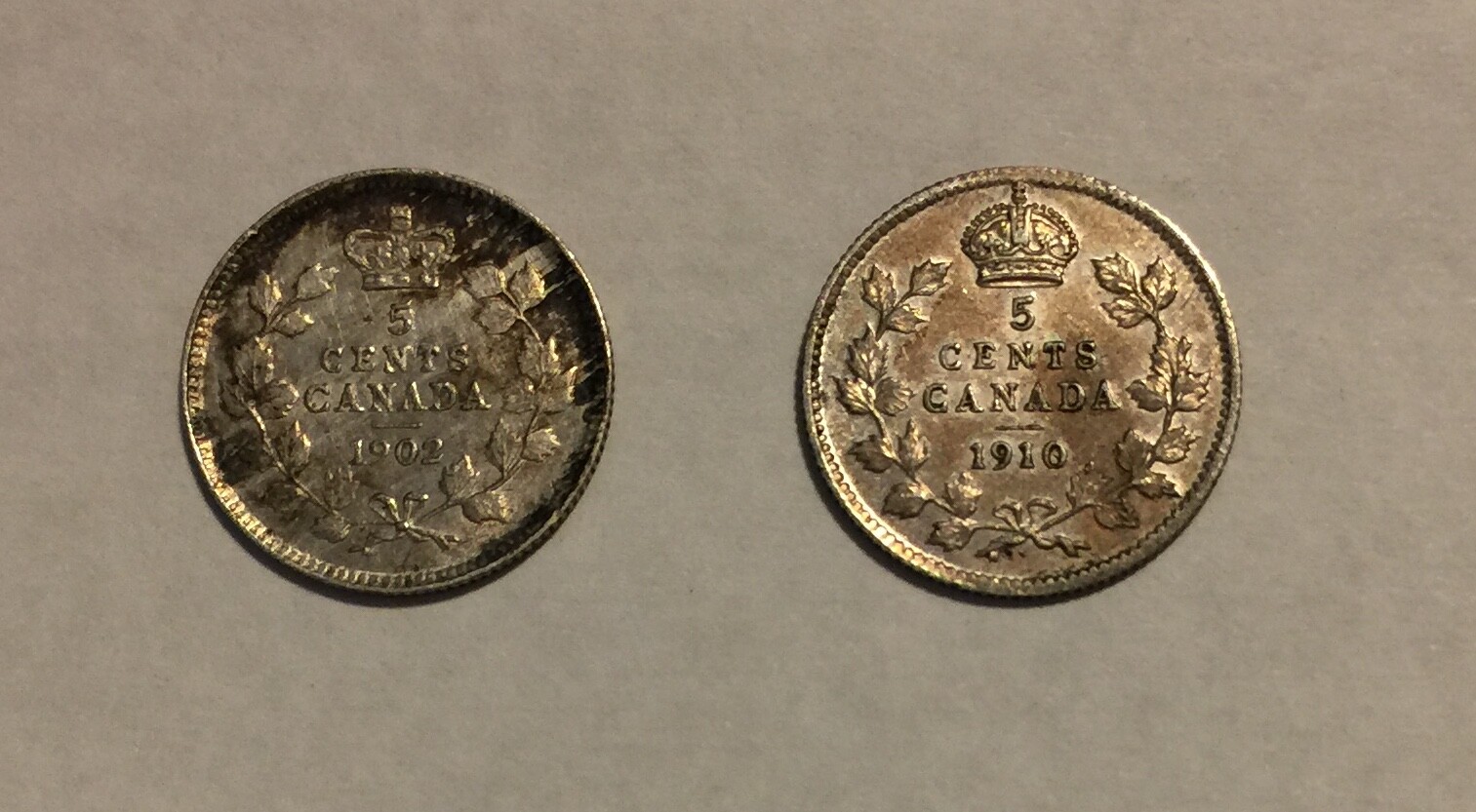 Canada 5C 1902 & 1910 ptd. Leaves AU problems (#1717)