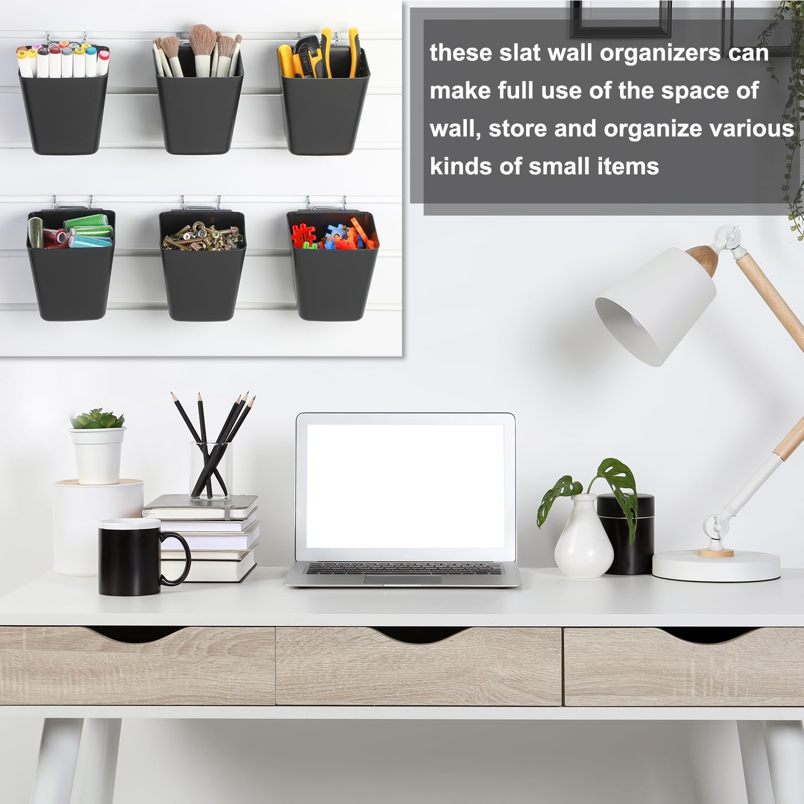 6 Pcs Slatwall Cups with Hook Loops Plastic Large Size Slatwall Bins Organize...