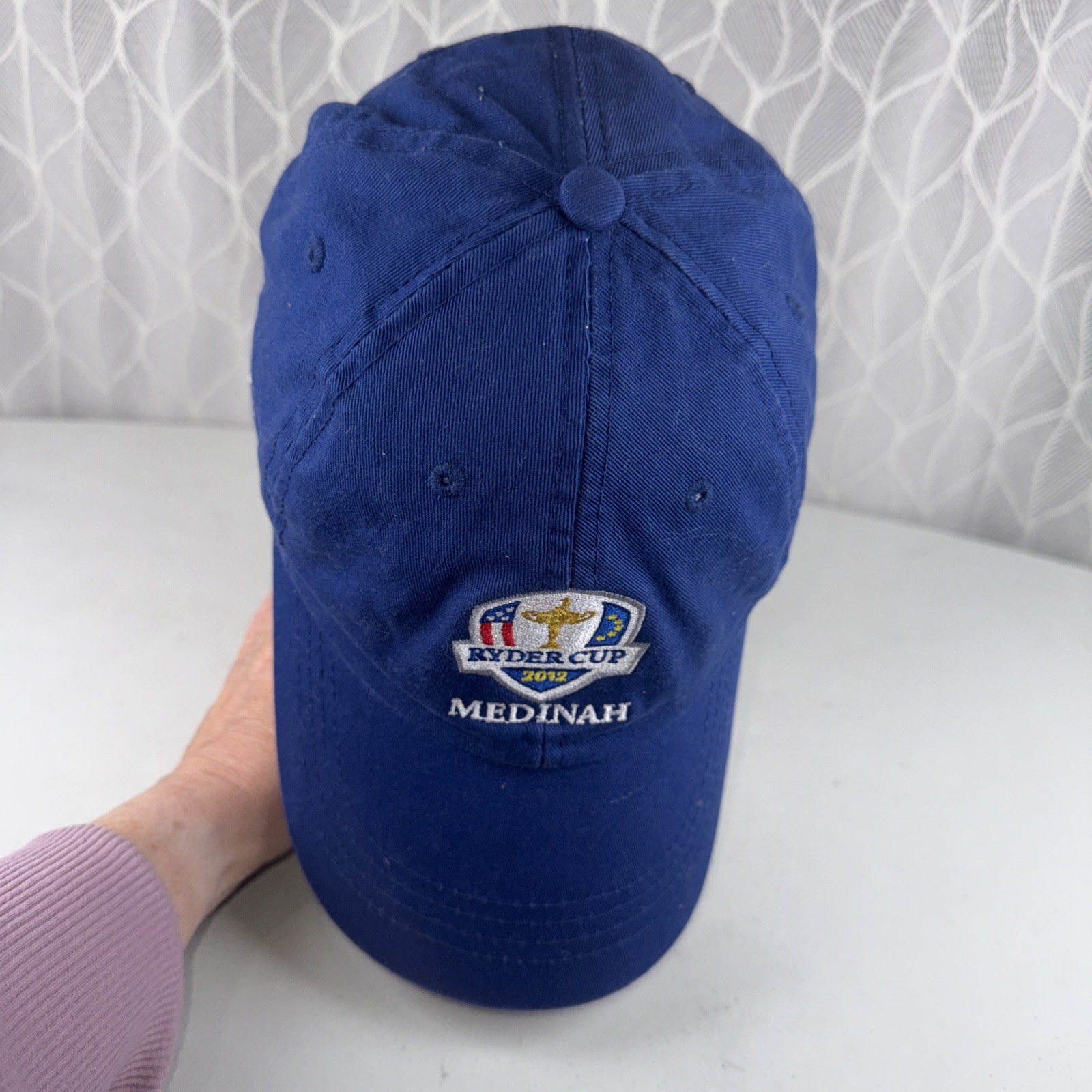 Ryder Cup 2012 MENDINAH Shield Patch Hat Cap Royal Blue w Gold RWB Hook Loop