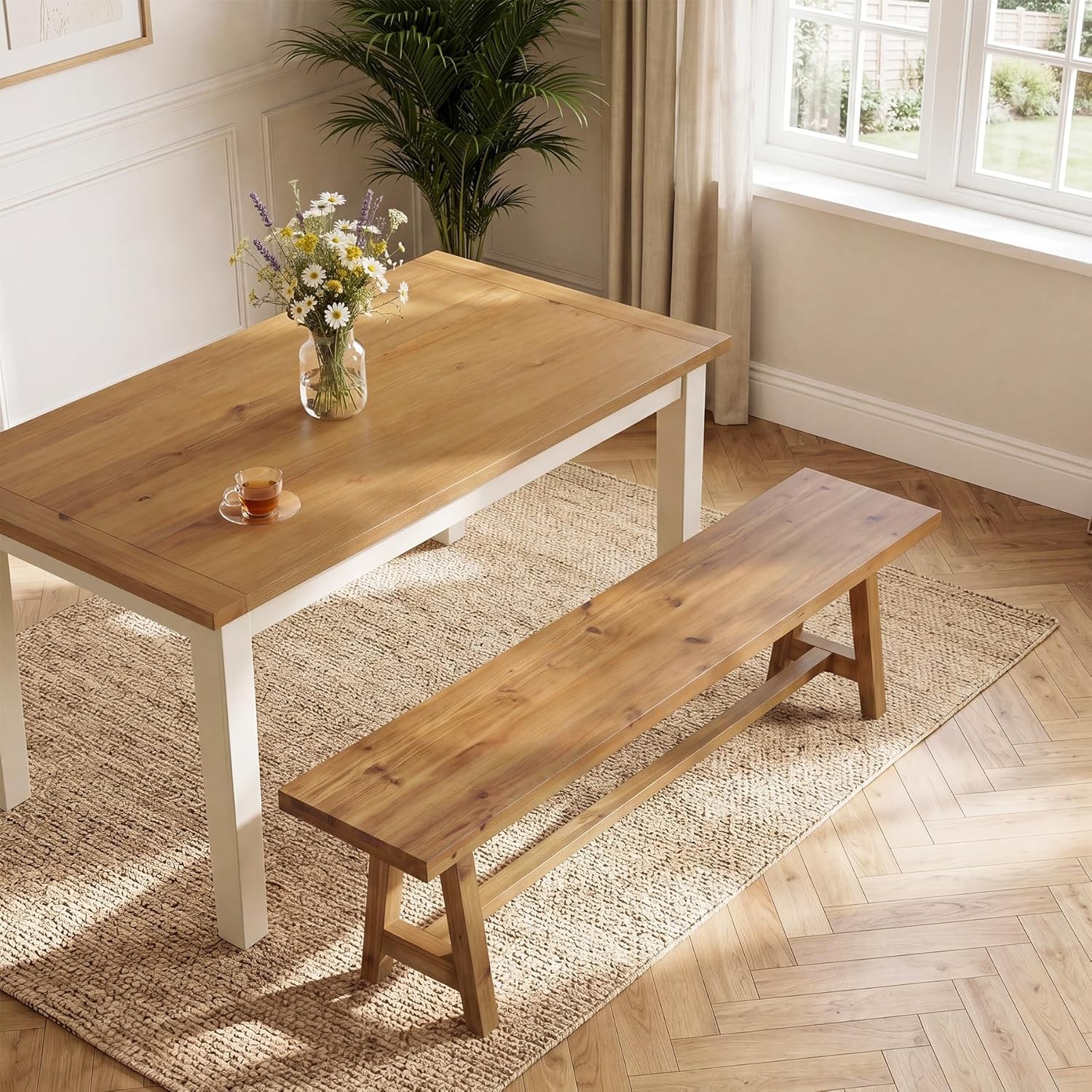 Solid Wood Dining Bench, 63 Inch Long Farmhouse Kitchen Bench for Dining Room