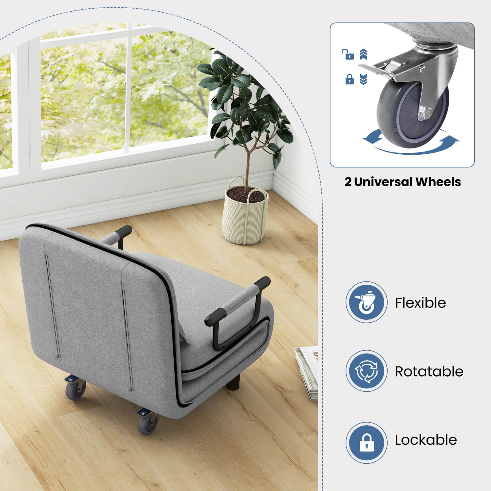 3-in-1 Convertible Sofa Bed with 5-Position Adjustable Backrest & Lumbar Pillow