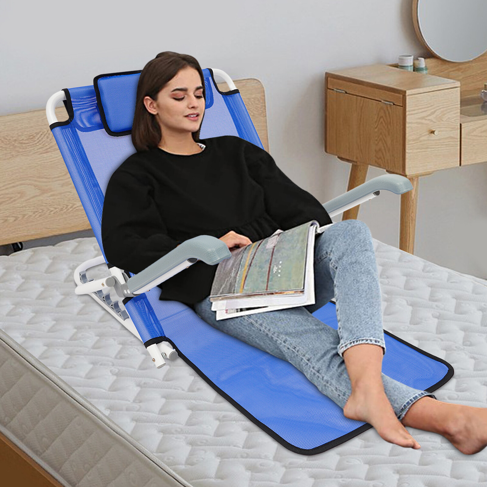 Adjustable Foldable Bed Backrest With Armrests Sit-Up Support Blue