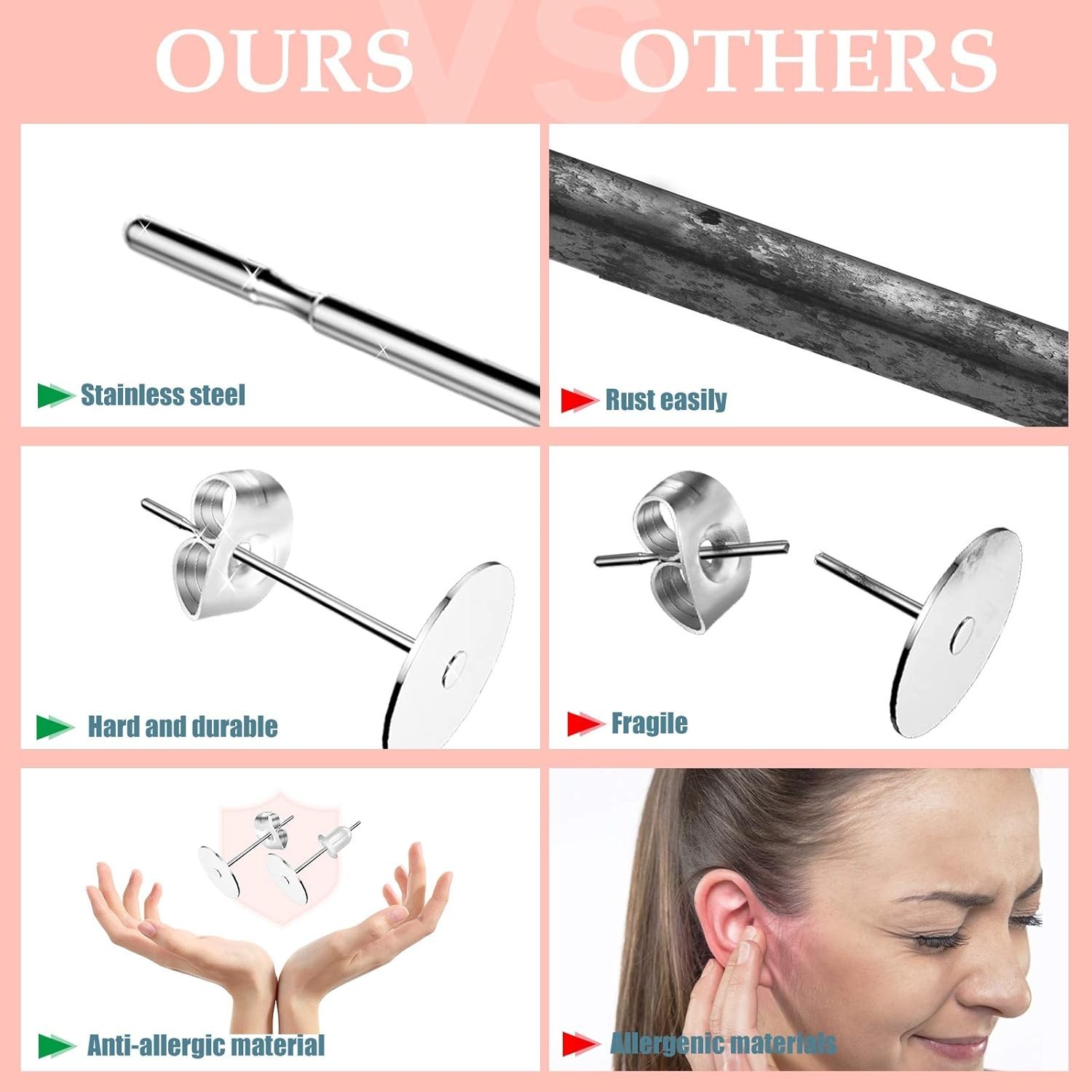 2000 Pcs Hypoallergenic Earring Posts and Backs: Studs, Butterfly, Rubber Backs,