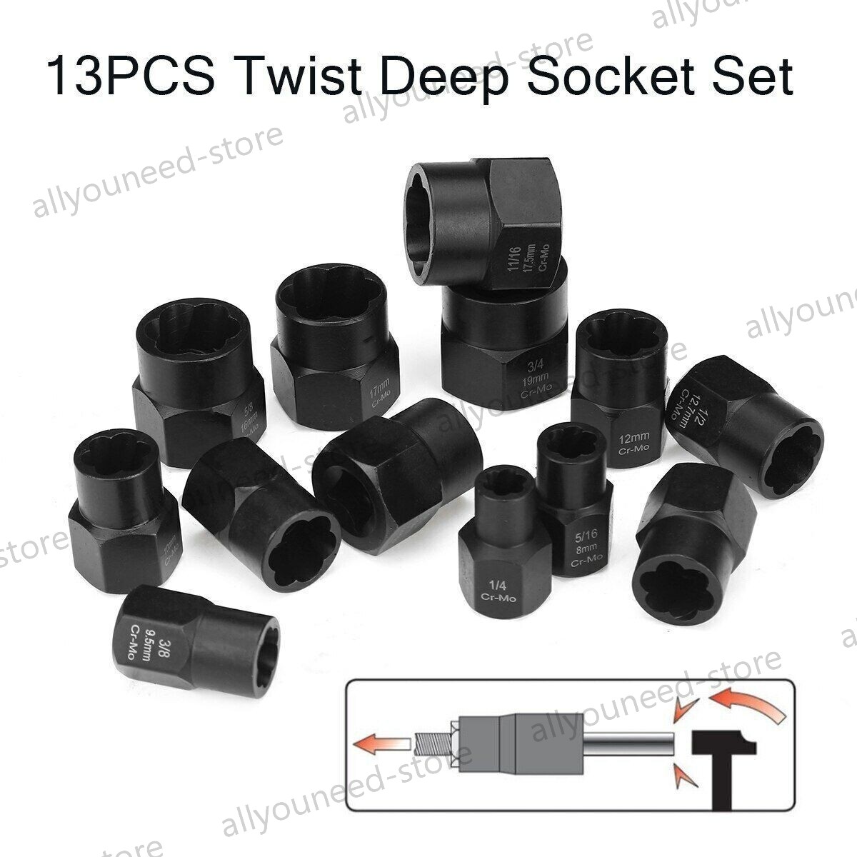 Impact Bolt Extractor Set Nut Remover Set Stripped Extraction Socket Tool 13PCS