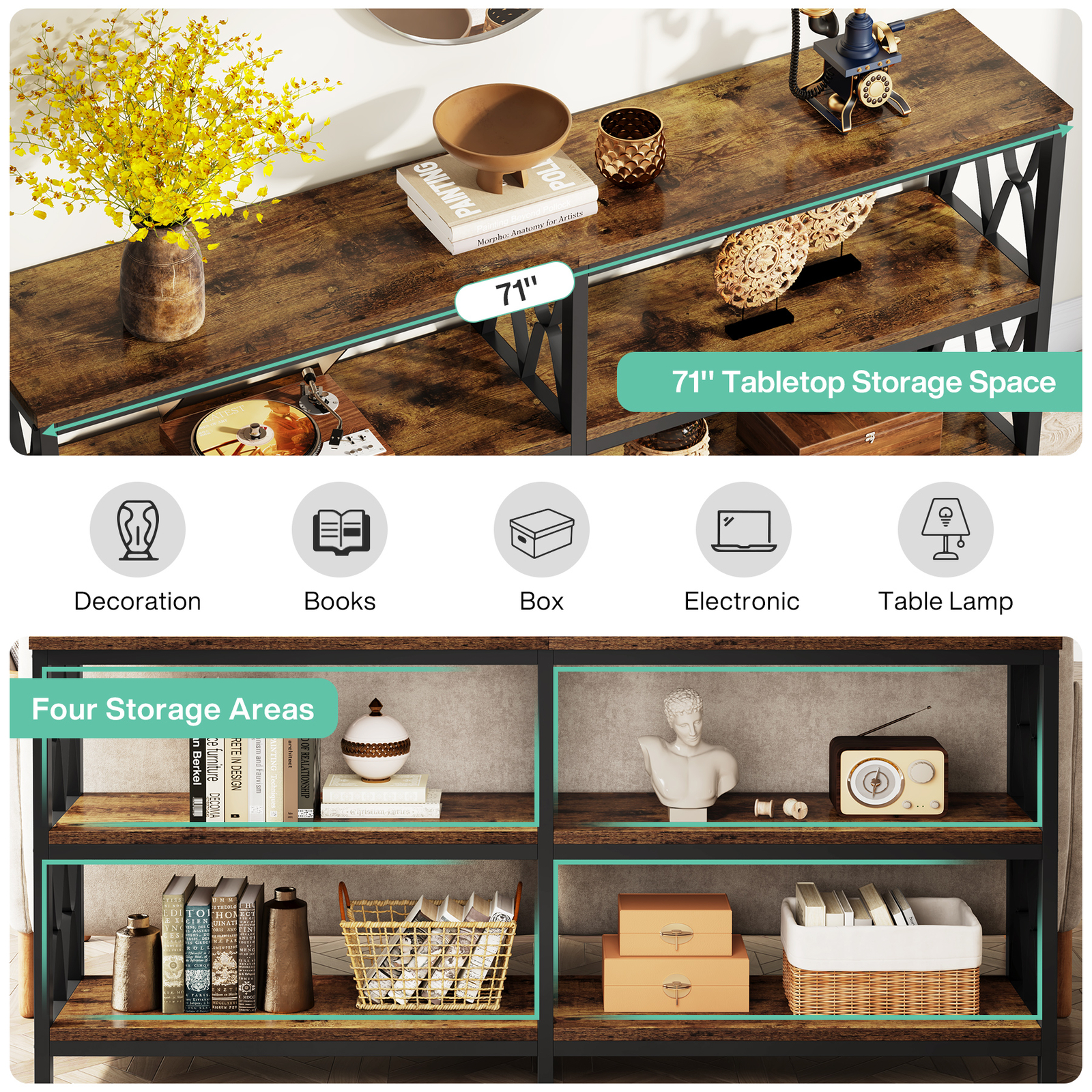 71" Long Narrow Sofa Table Behind Couch, Entryway Console Table with Storage