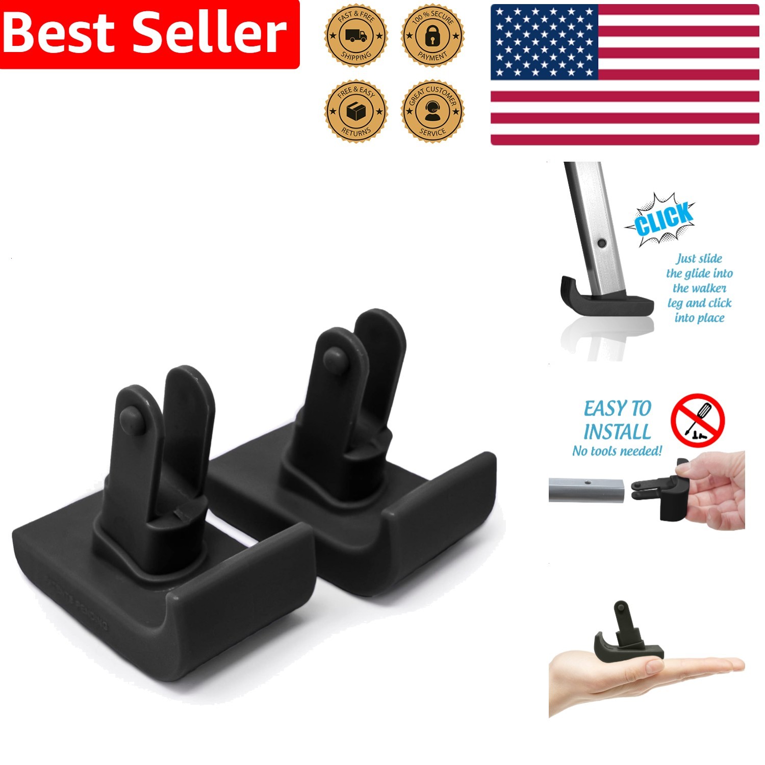 Able Life Space Saver Walker Ski Glides Black Secure Slide-On Design