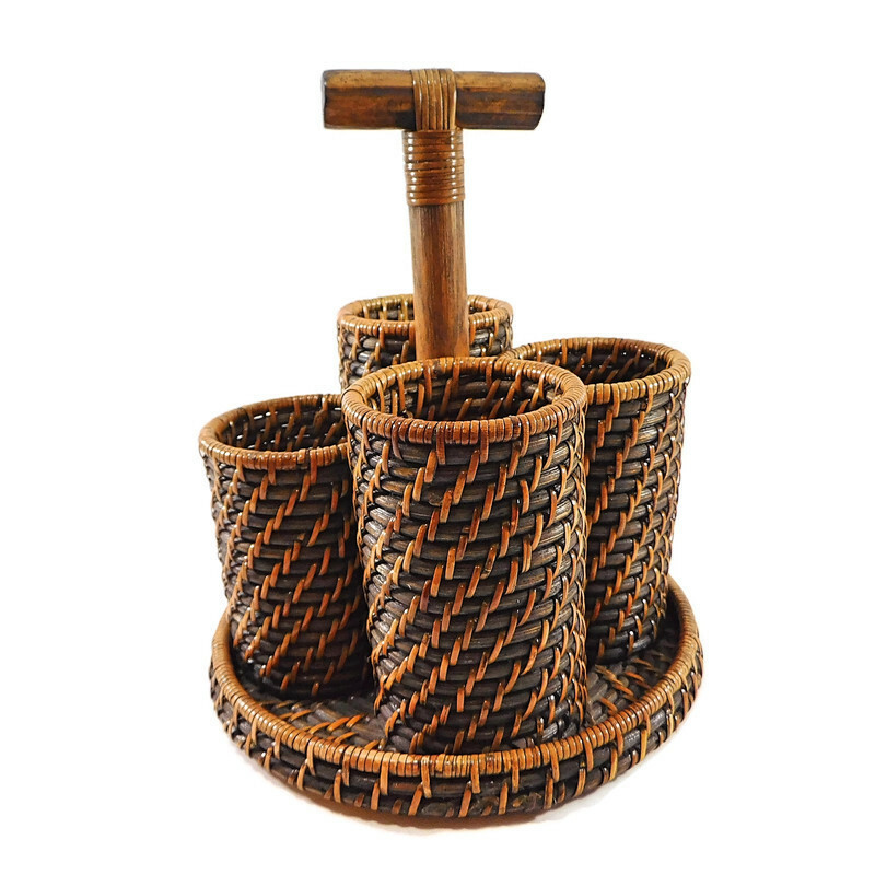 Wicker Rattan Woven 4 Section Caddie Flatware Desk with Handle