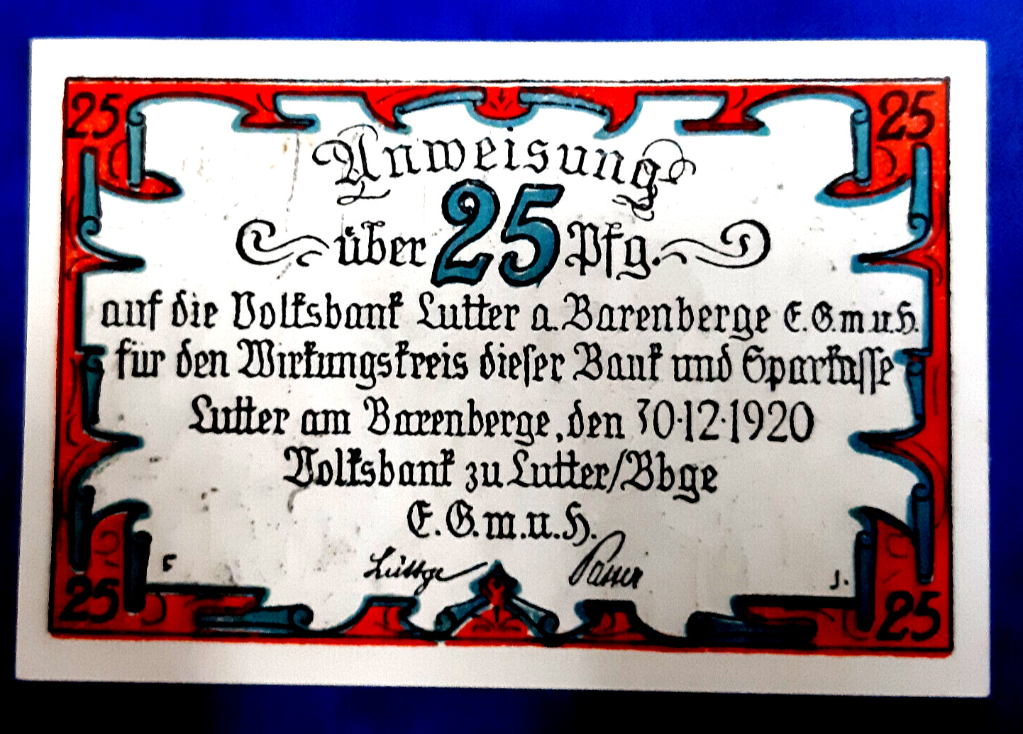 LUTTER BARENBERGE NOTGELD 25 PFENNIG 1920 EMERGENCY MONEY GERMANY BANKNOTE(26331