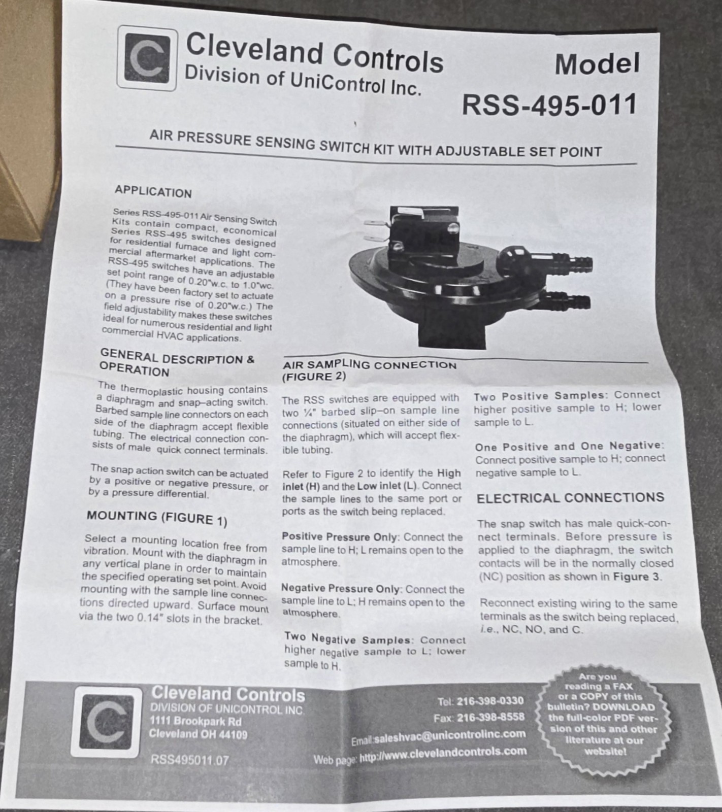 Cleveland Controls Air Sensing Switch Model RSS-495-011