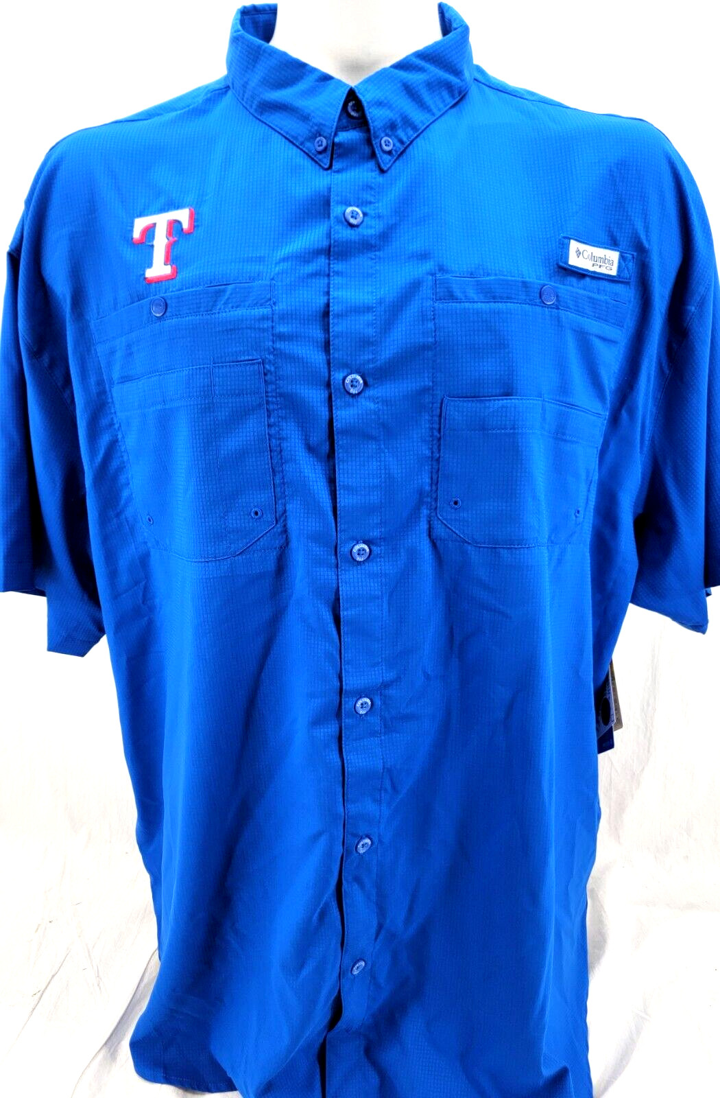 NEW Texas Rangers MLB Blue Columbia PFG Collar Button Up SS Shirt Men's 3XL