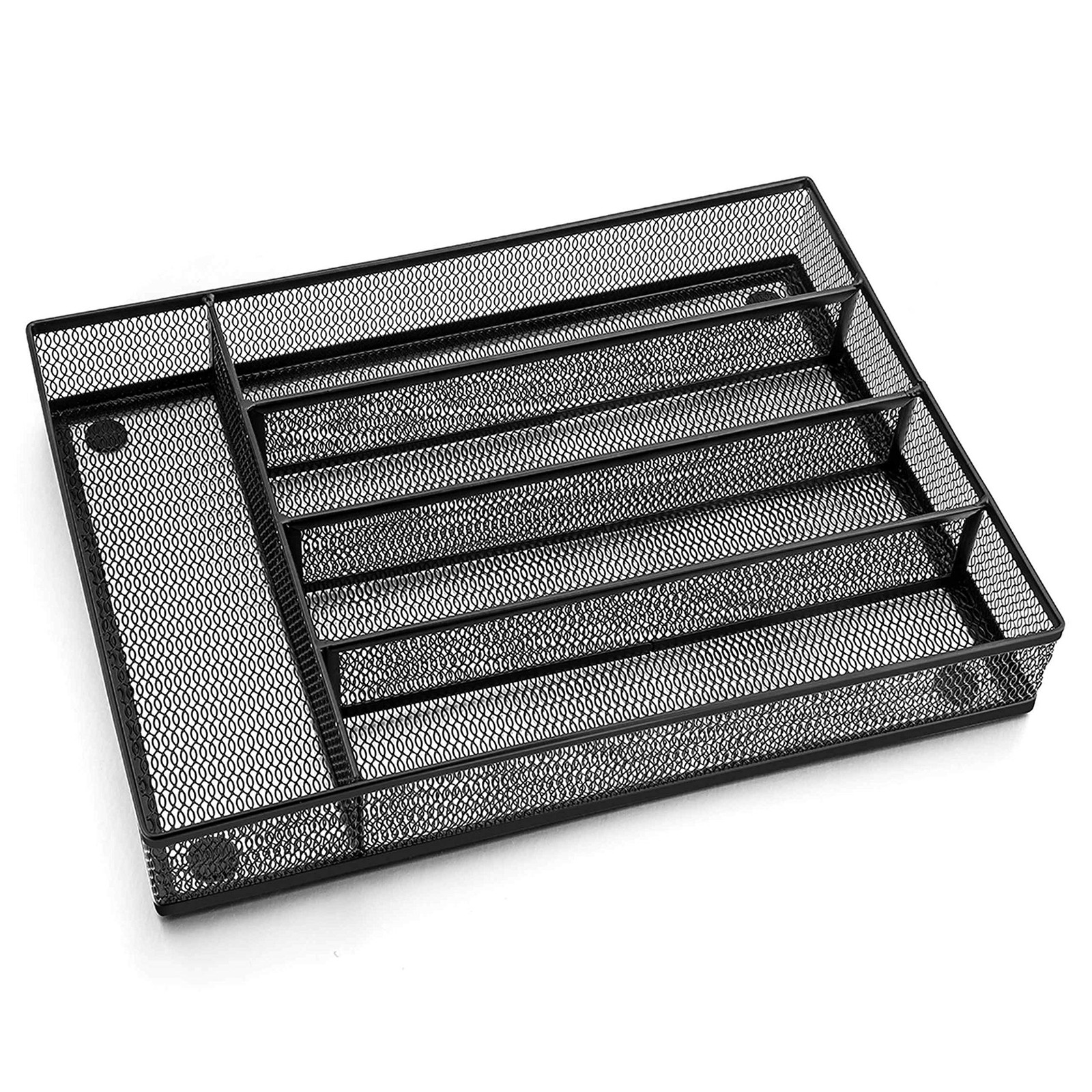 LIANYU Silverware Utensil Drawer Organizer, 5 Compartments Steel Mesh Black
