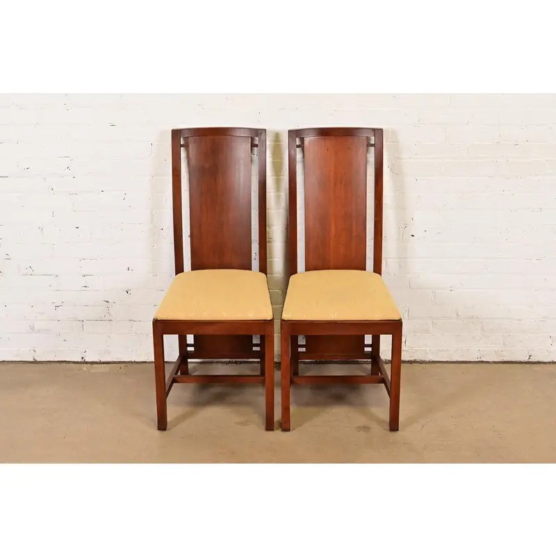 Frank Lloyd Wright Sculpted Mahogany Side Chairs or Dining Chairs, Pair