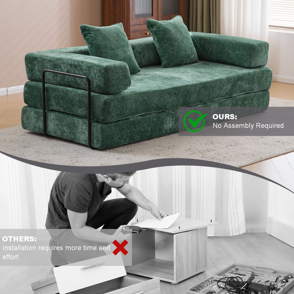 Memory Foam Foldable Sofa Bed 3-Seat Futon for Living Room, Dark Green Chenille