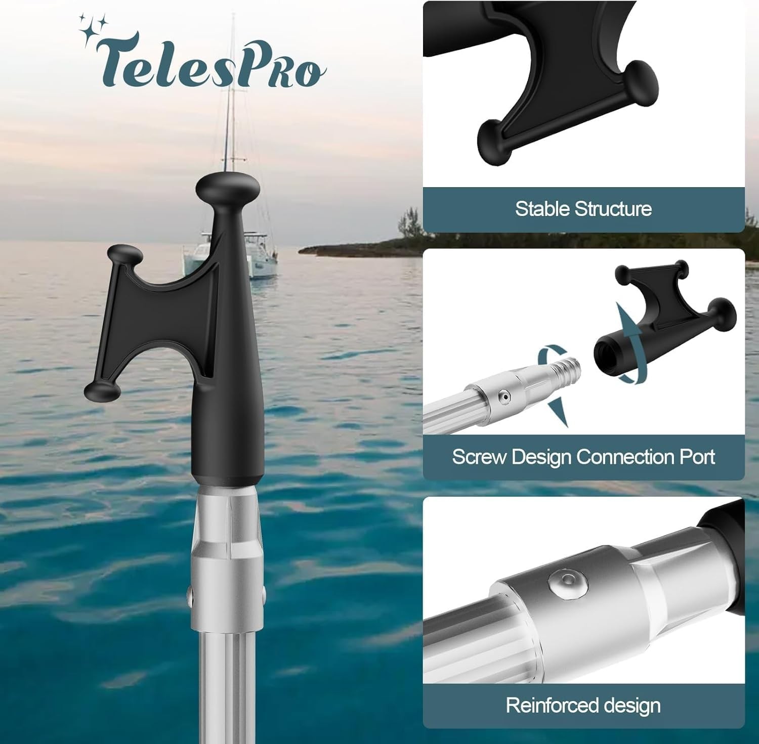 Telespro 5-12Ft 3-Stage Telescopic Aluminum Pole Boat Hook Versatile Docking
