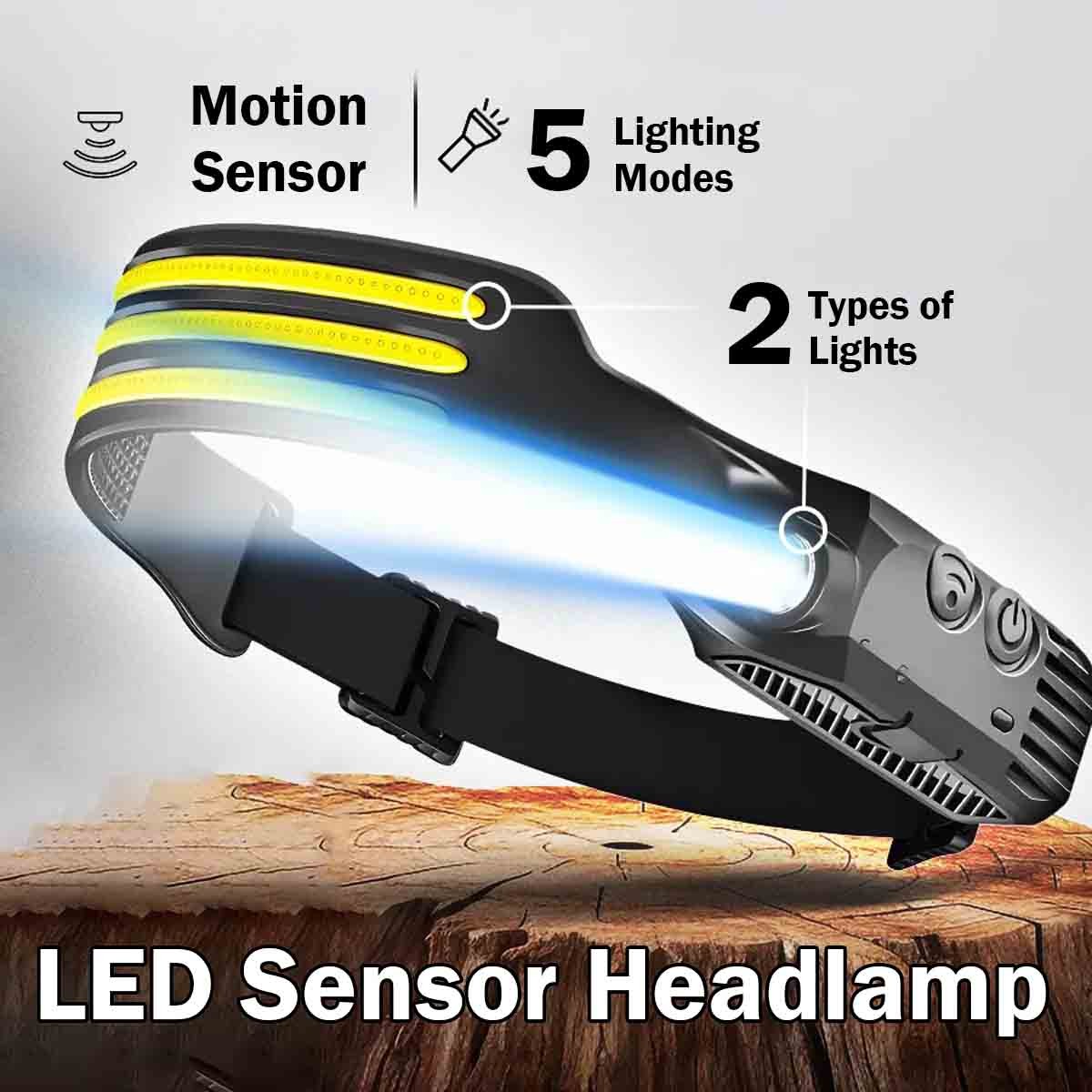 COB LED Rechargeable Headlamp Motion Sensor 230° Waterproof Camping Head Light