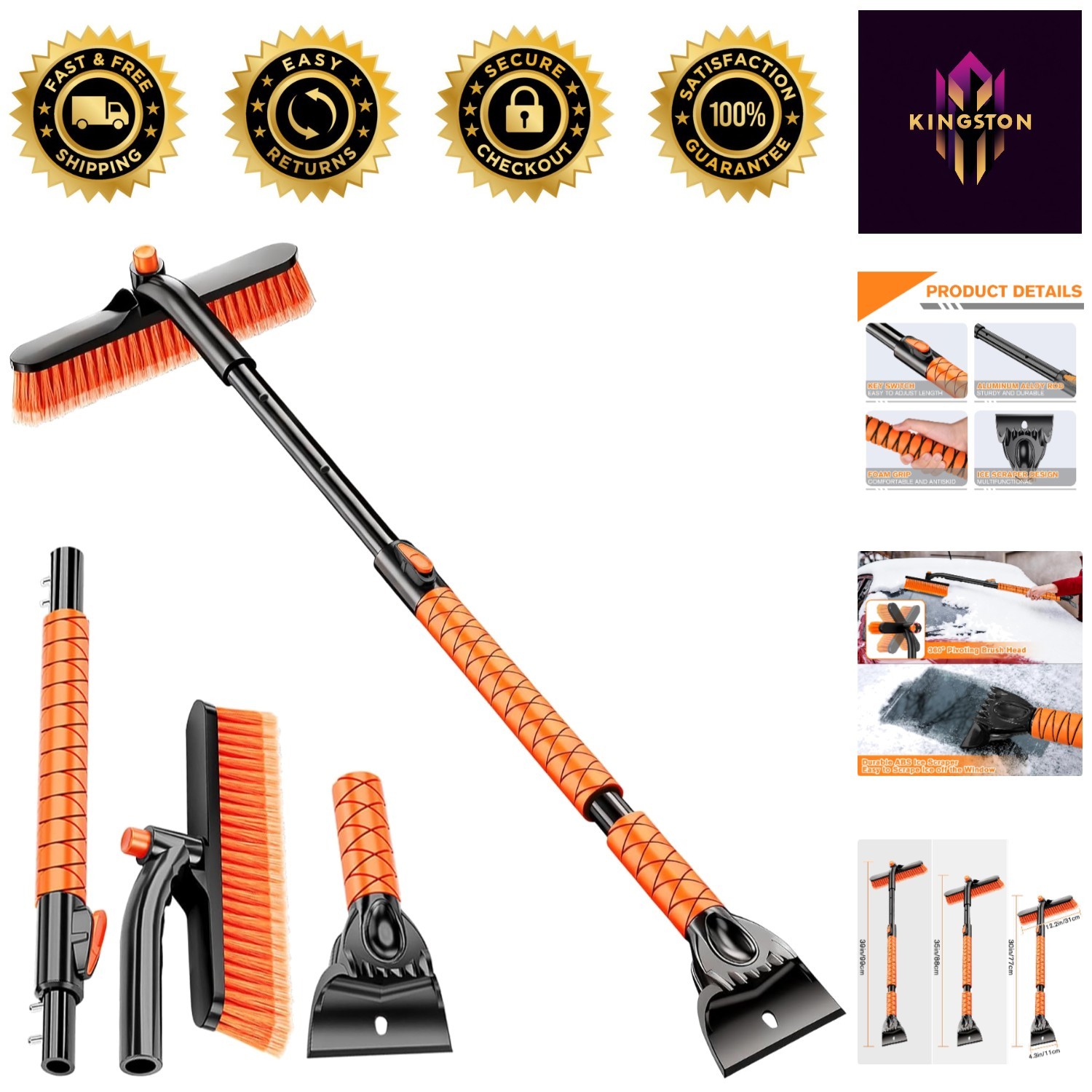 All-in-One 39” Extendable Ice Scraper with Brush & Integrated Chipper, Durable