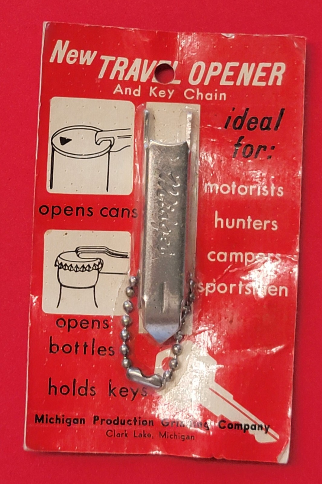 VTG MIDGET BOTTLE OPENER KEY CHAIN CLARK LAKE MICHIGAN PRODUCTION GRINDING CO.