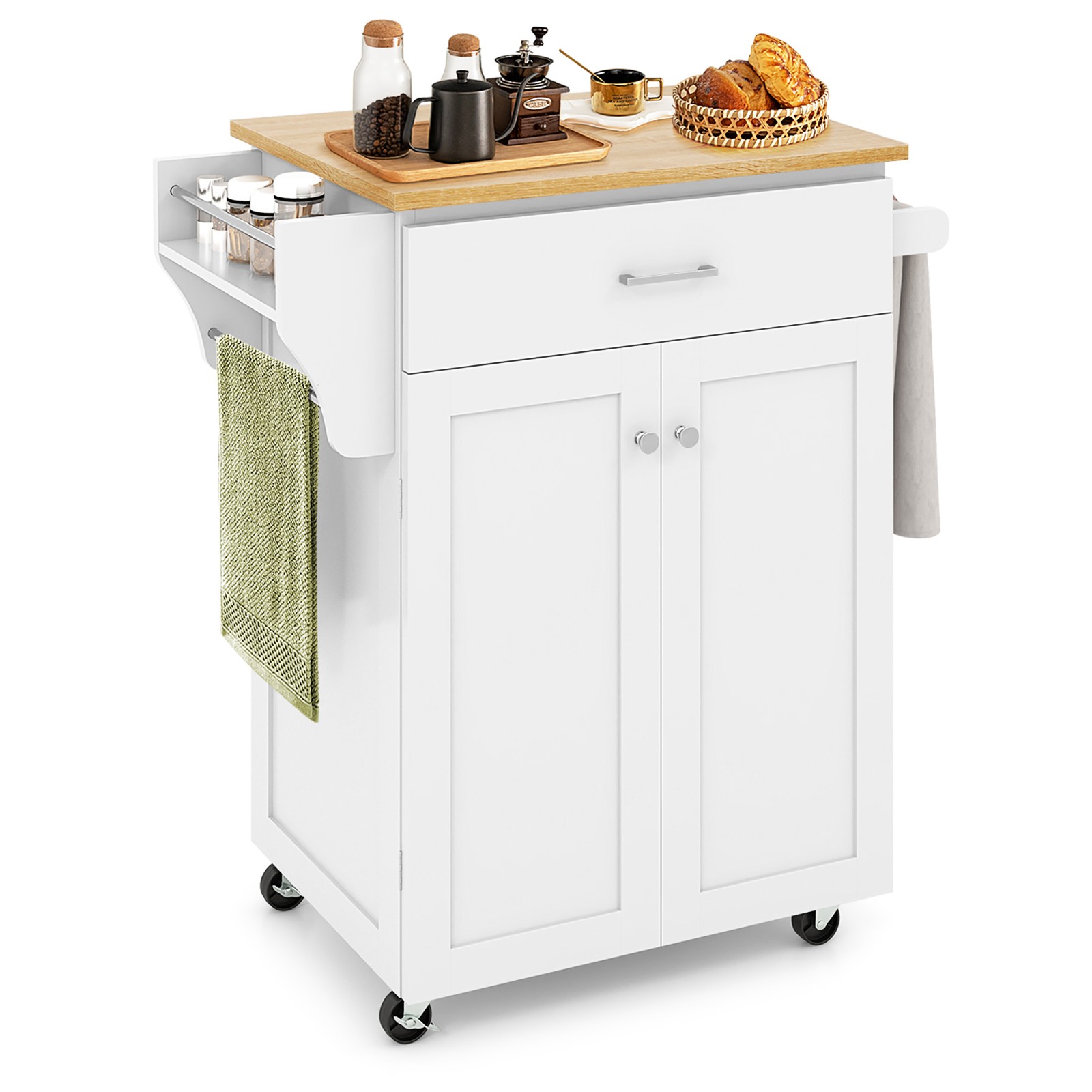 Rolling Kitchen Island Utility Kitchen Cart Storage Cabinet w/ Spice Rack White