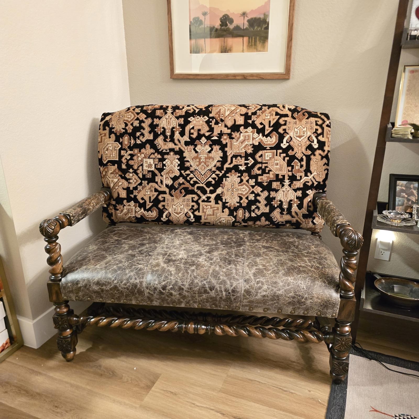 Custom Louis XIII Revival Loveseat/Bench w/ Distressed Leather
