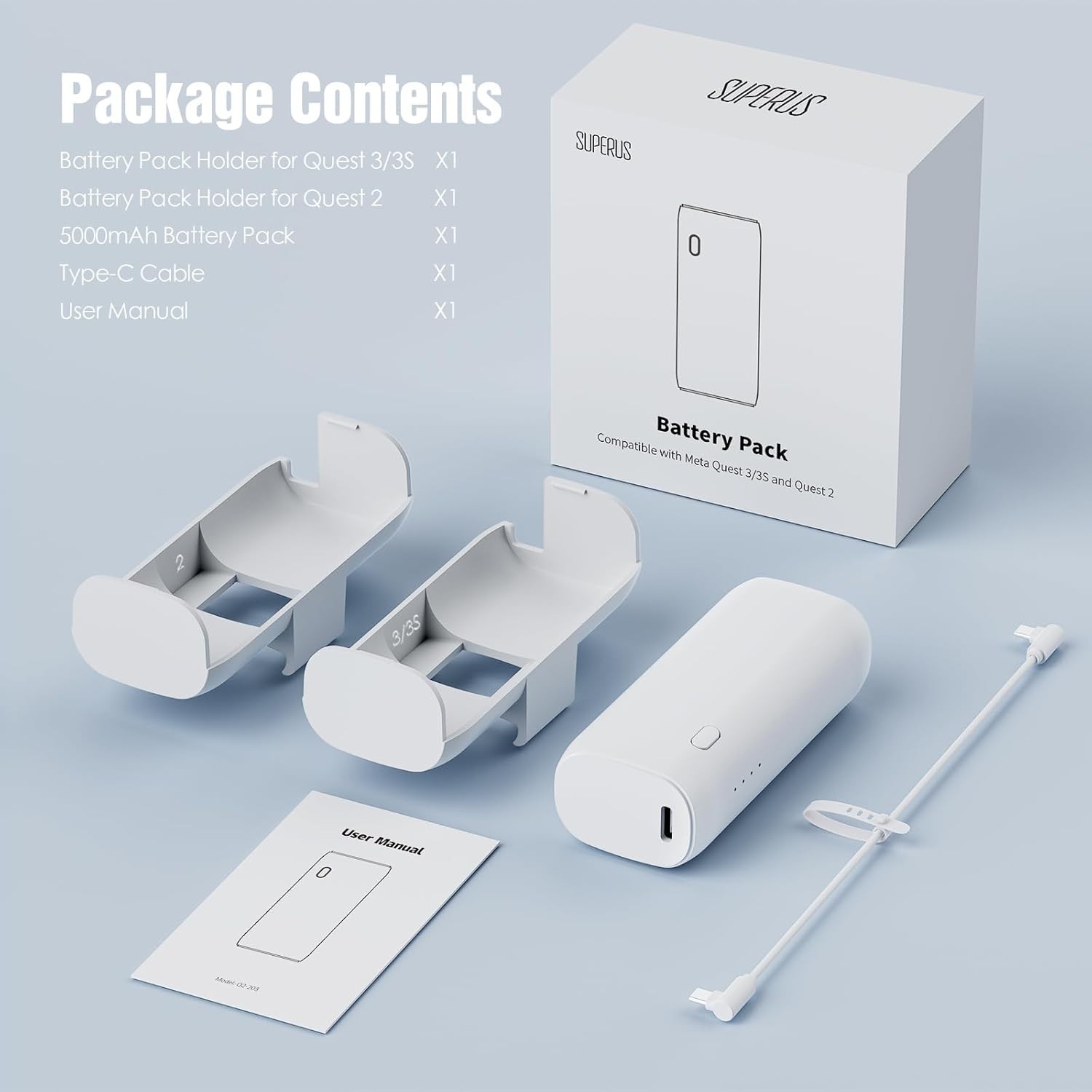 Battery Pack for Meta Quest 3/3S & Oculus Quest 2, 5000Mah, PD20W Fast Charging,