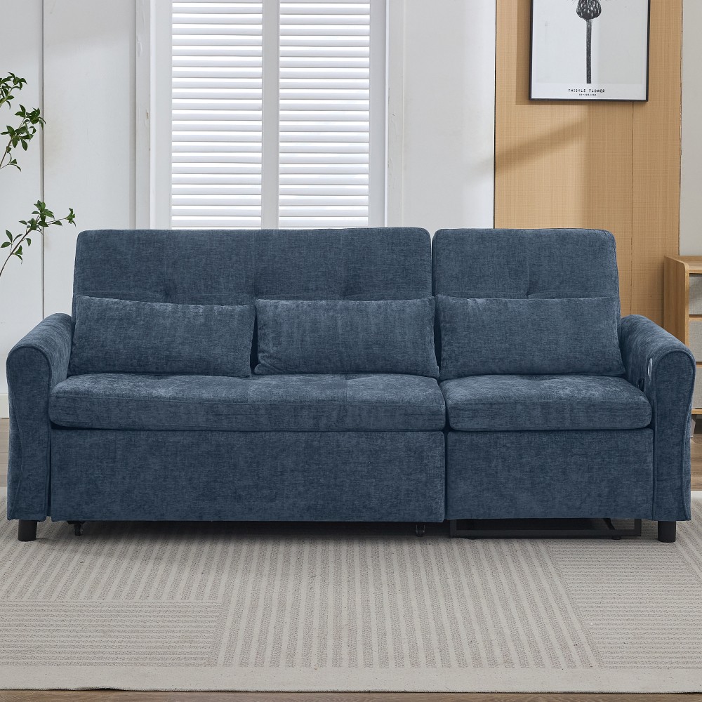 82" Blue Chenille Sofa Bed w/ Reversible Recliner, Adjustable Backrest, USB