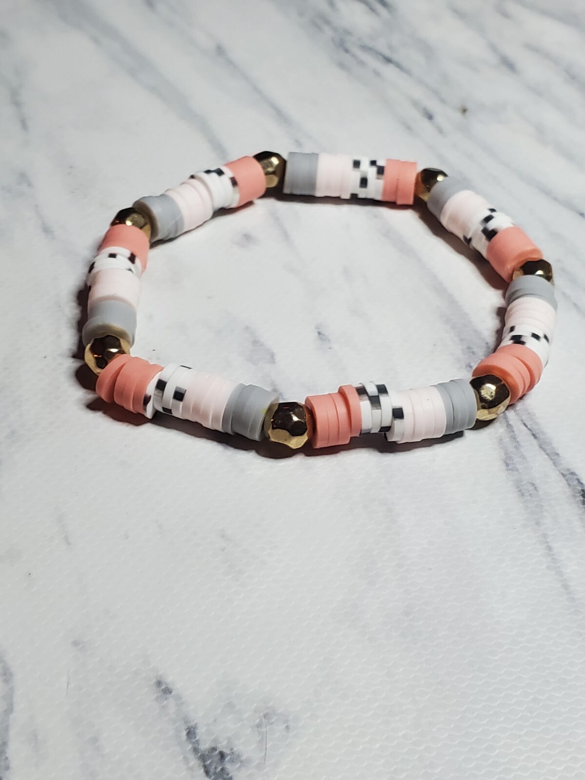 Handmade Clay Beaded Bracelet Pink, Gray, Black & White With Gold Spacers