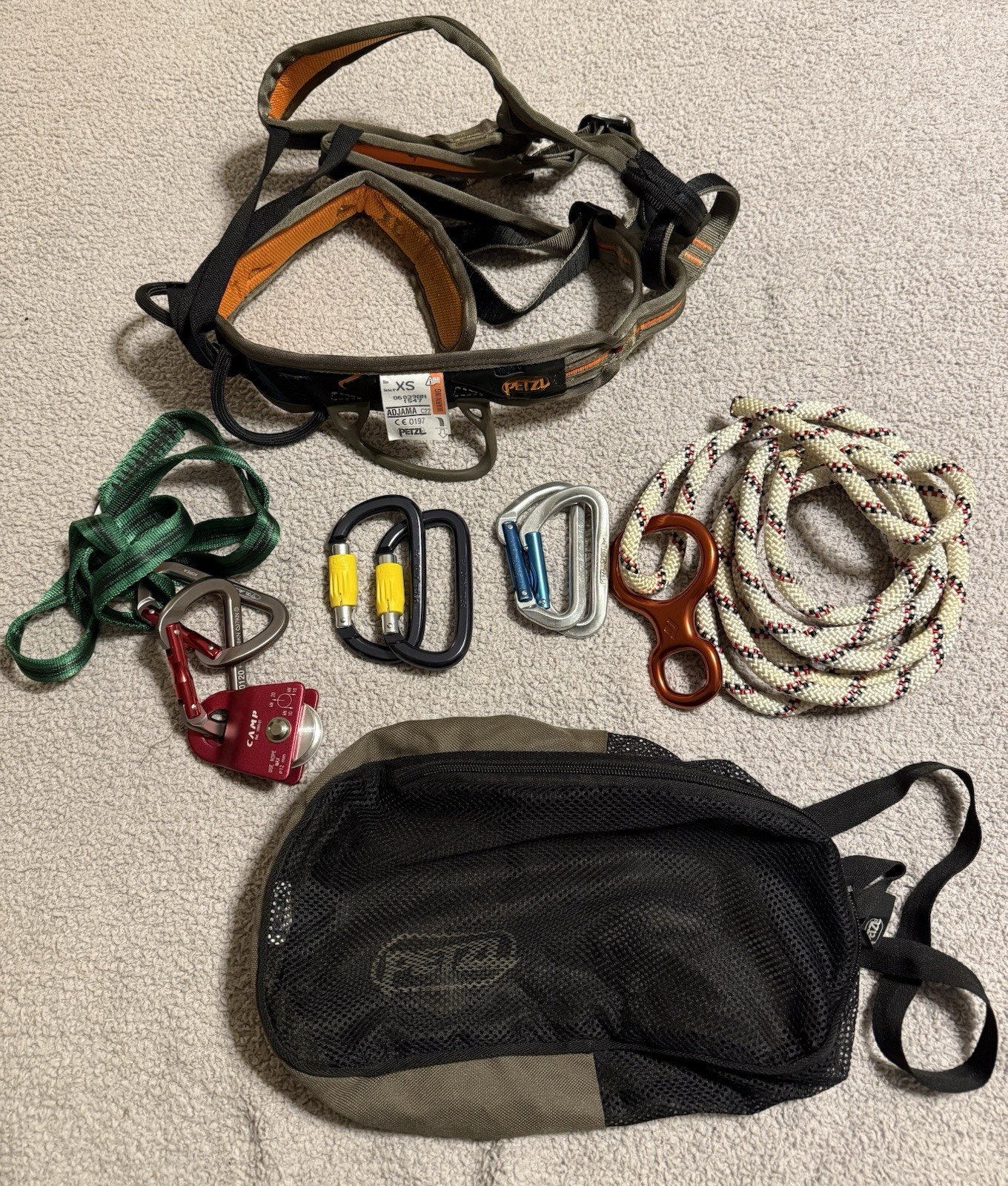 PETZL Adjama C22 Harness XS. With Bag, Carabiners, Figure 8 And Pulley