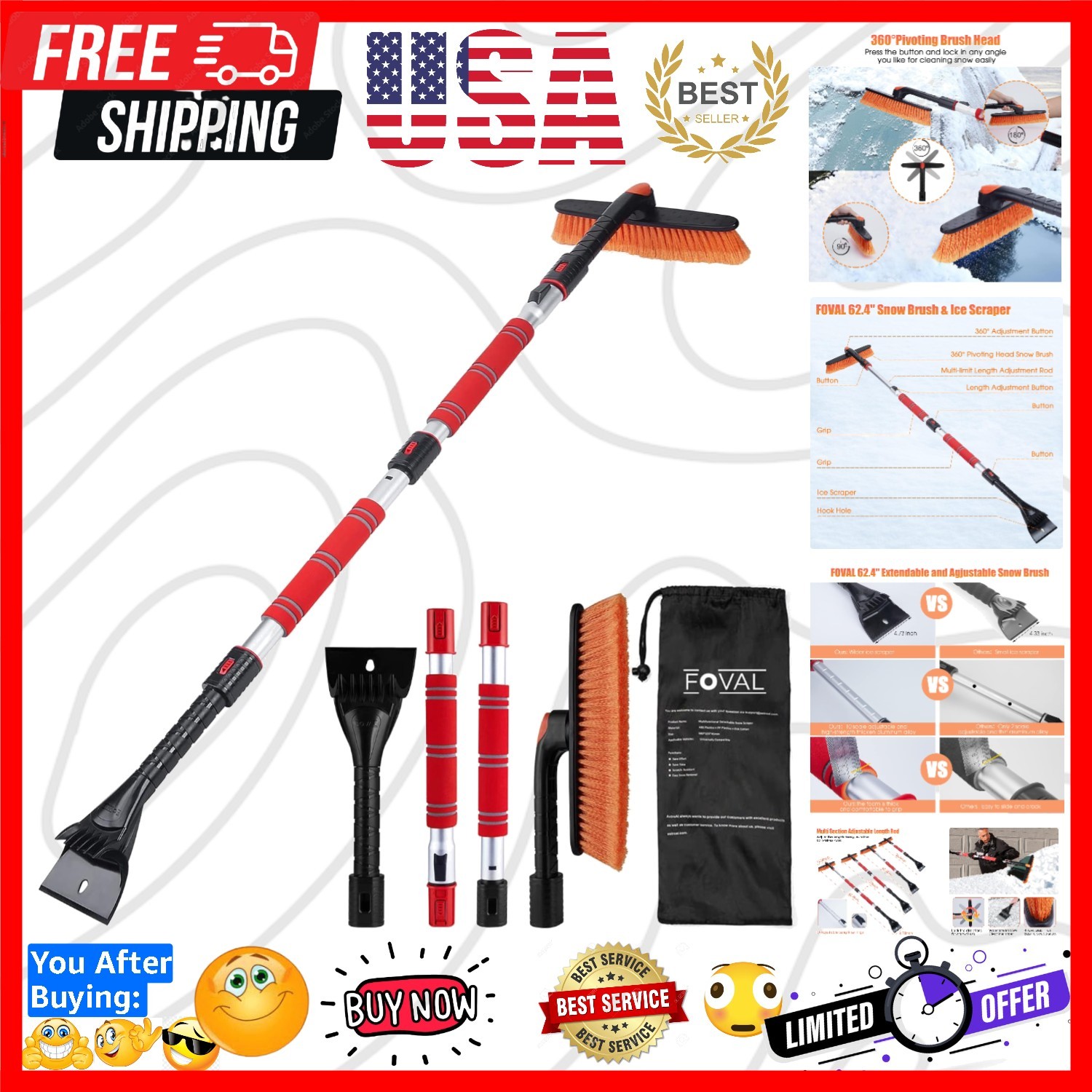 Compact 62.4” Snow Brush with Adjustable Length - Essential Winter Tool