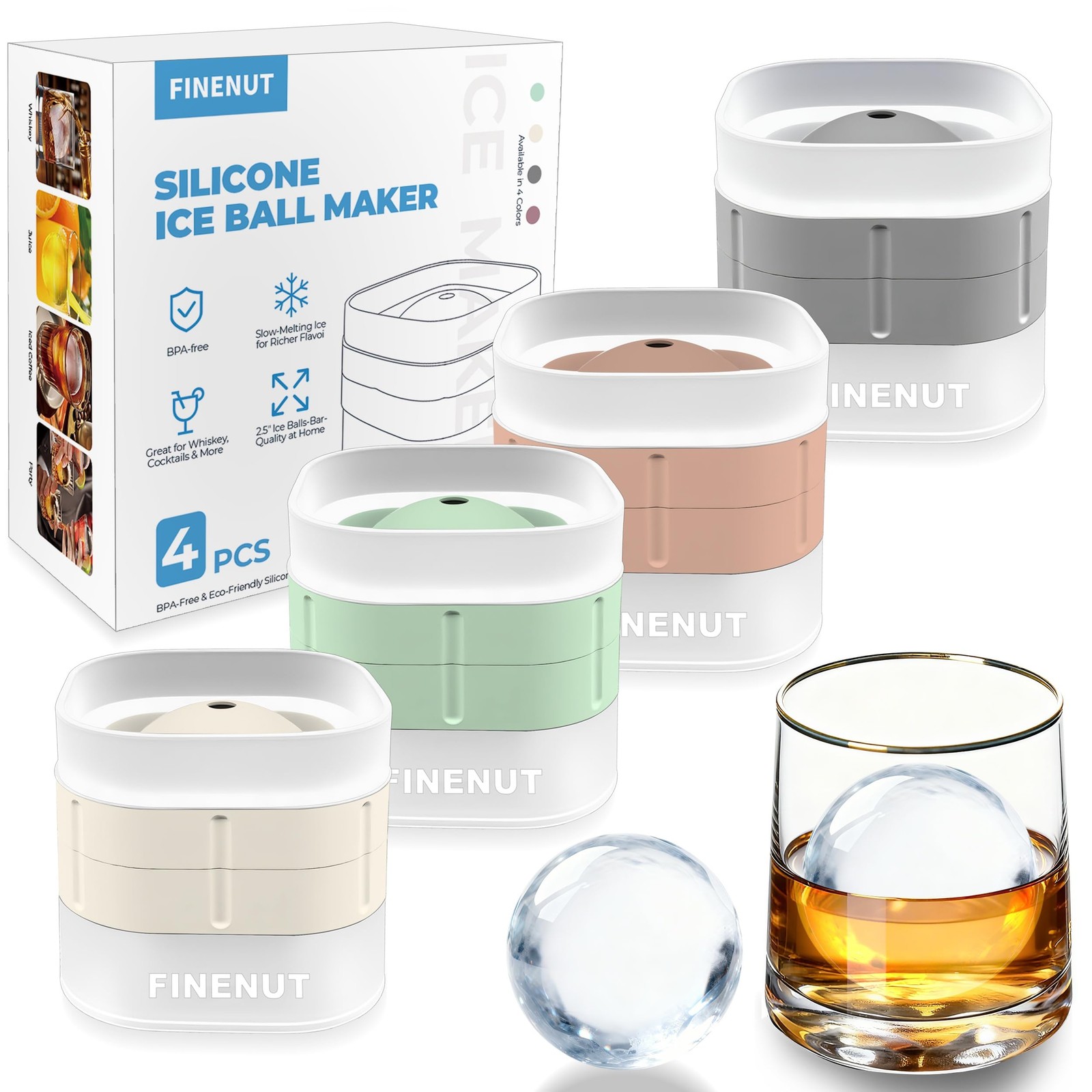 Silicone Ice Ball Mold with Lid, 4 Pack – 2.5 Inch Large Sphere Round Ice Mak...