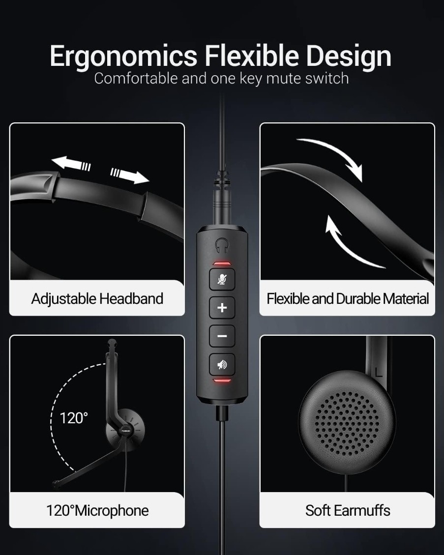 Feabask EH07 USB Headset with Microphone for PC Laptop - Wired Computer...