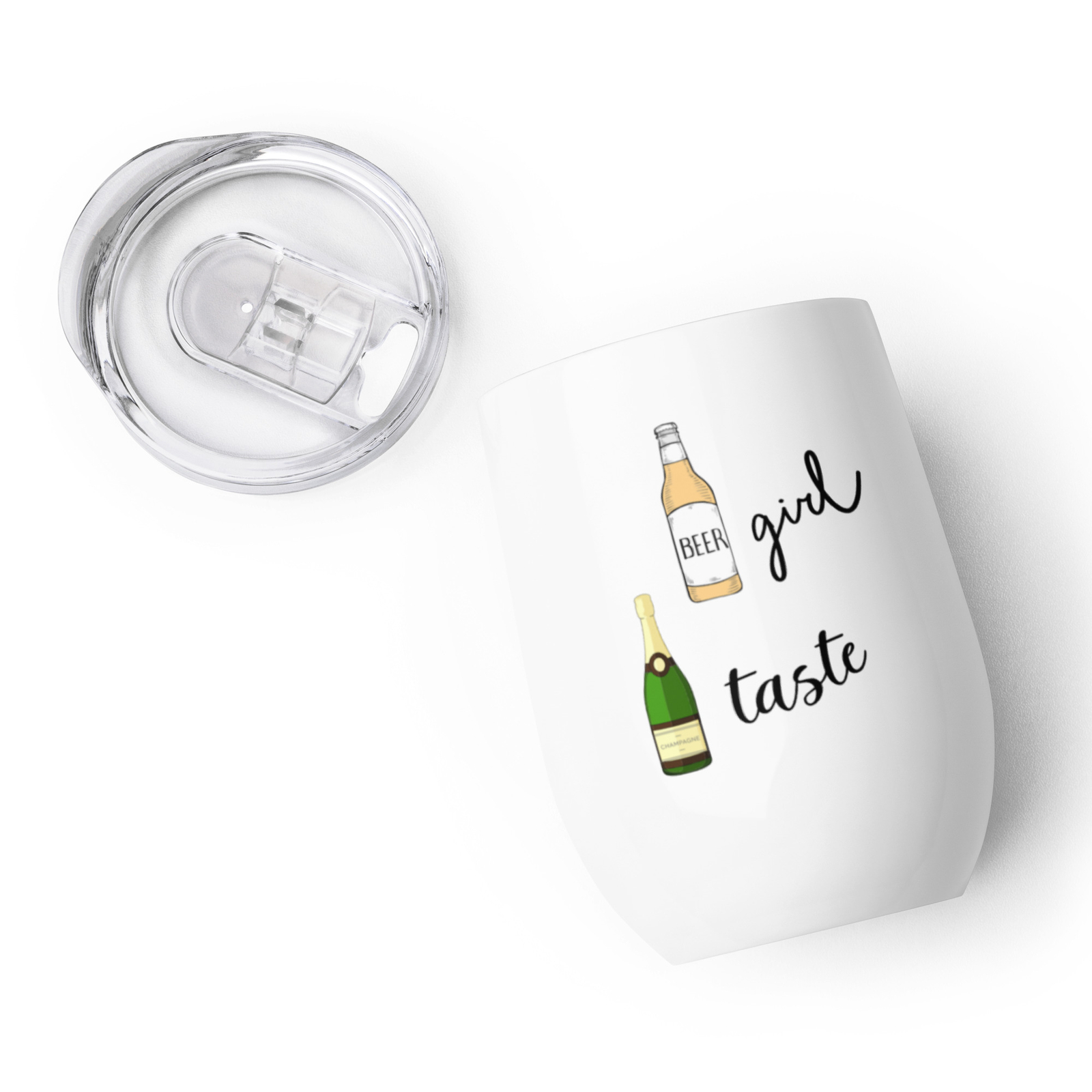 12 Oz. Beer Girl Champagne Taste - White Stainless Steel Wine Tumbler With Lid