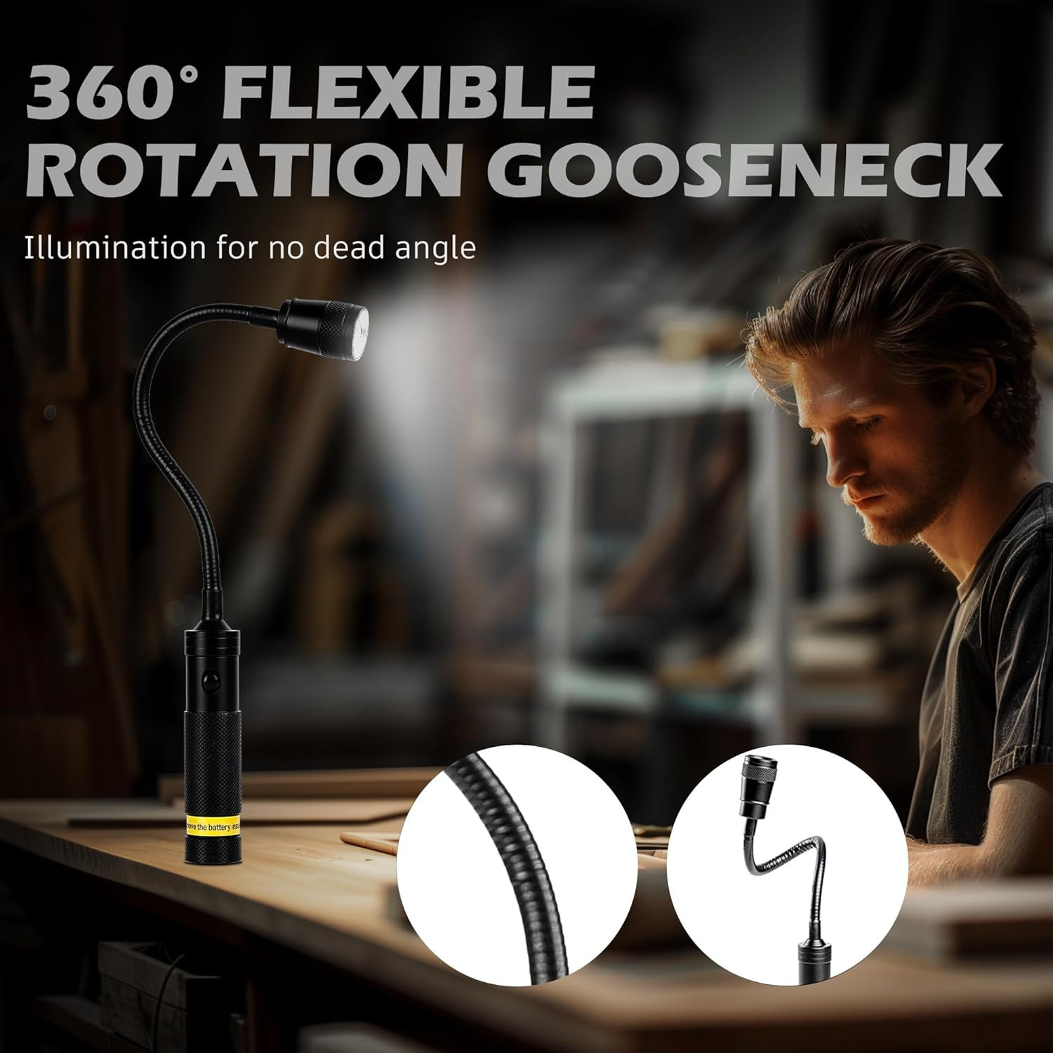 LED Work Light, 500 Lumen Gooseneck Flashlight with Magnetic Base, Zoomable Flex
