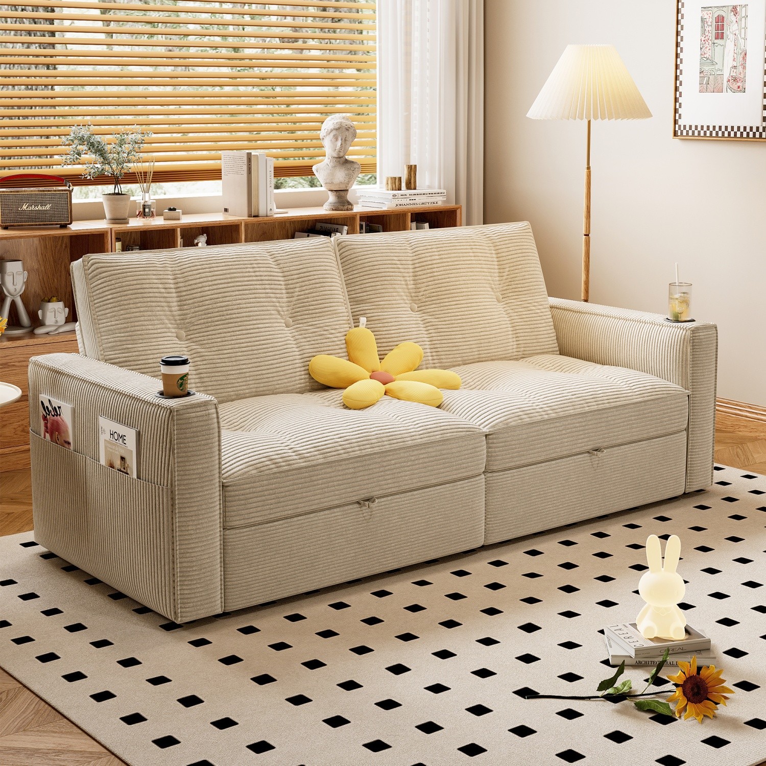 Modern Reclining Loveseat 2-in-1 Folding Sofa Bed w/ Cup Holders for Small Space