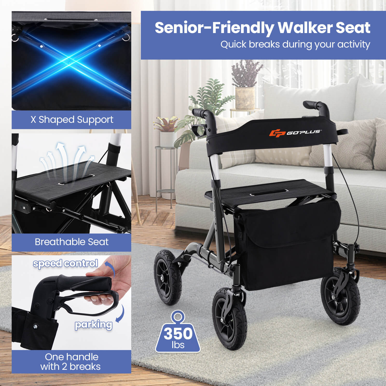 Foldable Height Adjustable Rollator Walker w/ Seat, Storage Bag for Seniors