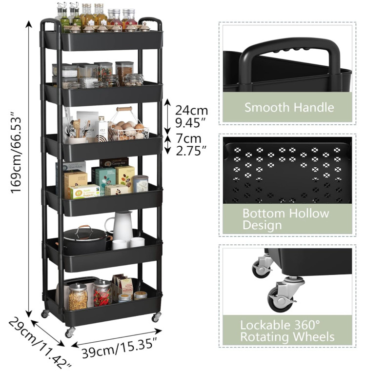 6-Tier Rolling Utility Cart with Handle, Storage Organizer on Wheels, Black