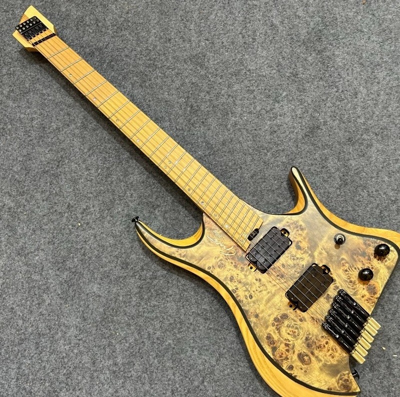 Headless 6 String Fanned Fret Electric Guitar Yellow Burl Maple Top