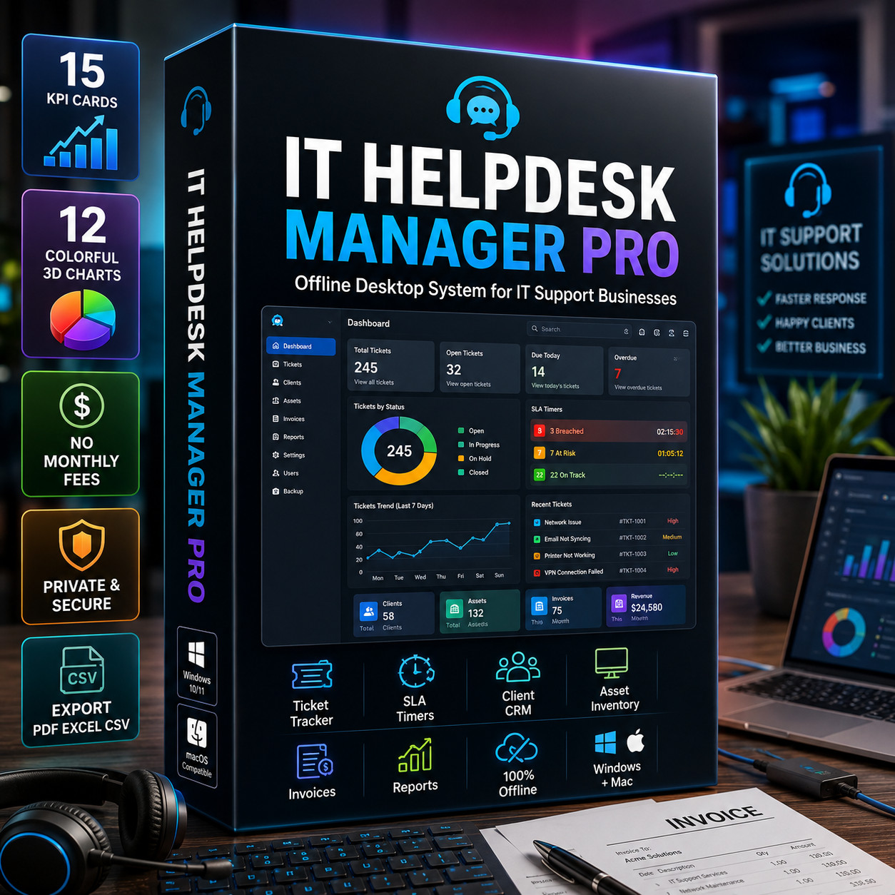 IT Helpdesk Manager Pro Software Ticket SLA CRM Invoice App Windows Mac Download