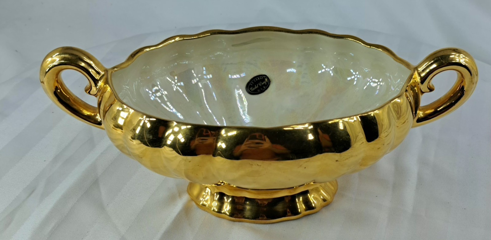 Vtg Ceramic Dish Pearlized Planter Hand Decorated Warranted 22 K Gold Made USA