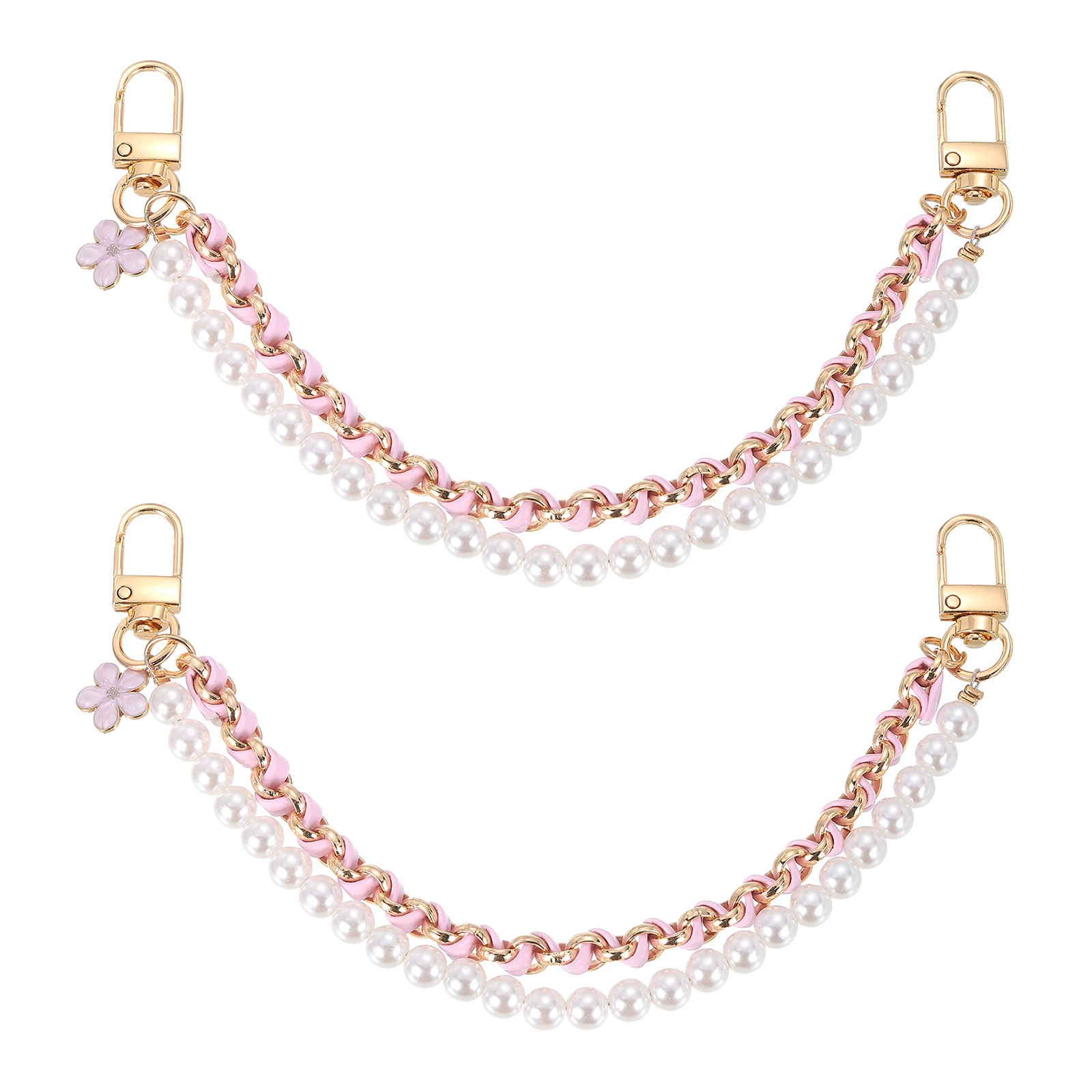 2Pcs 10.2'' Pearl Purse Double Chain, Purse Extender Chain (Pink, Gold Chain)