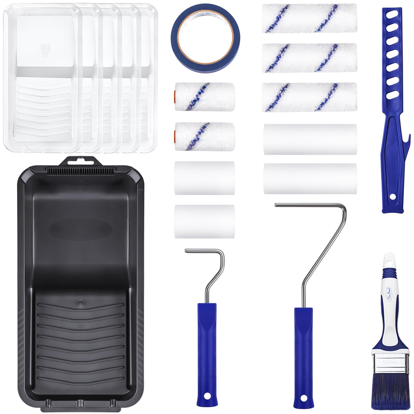 PinStone 20pcs Small Paint Roller Kit, 4“ 2” 4 Inch & 2 Inch, blue, white