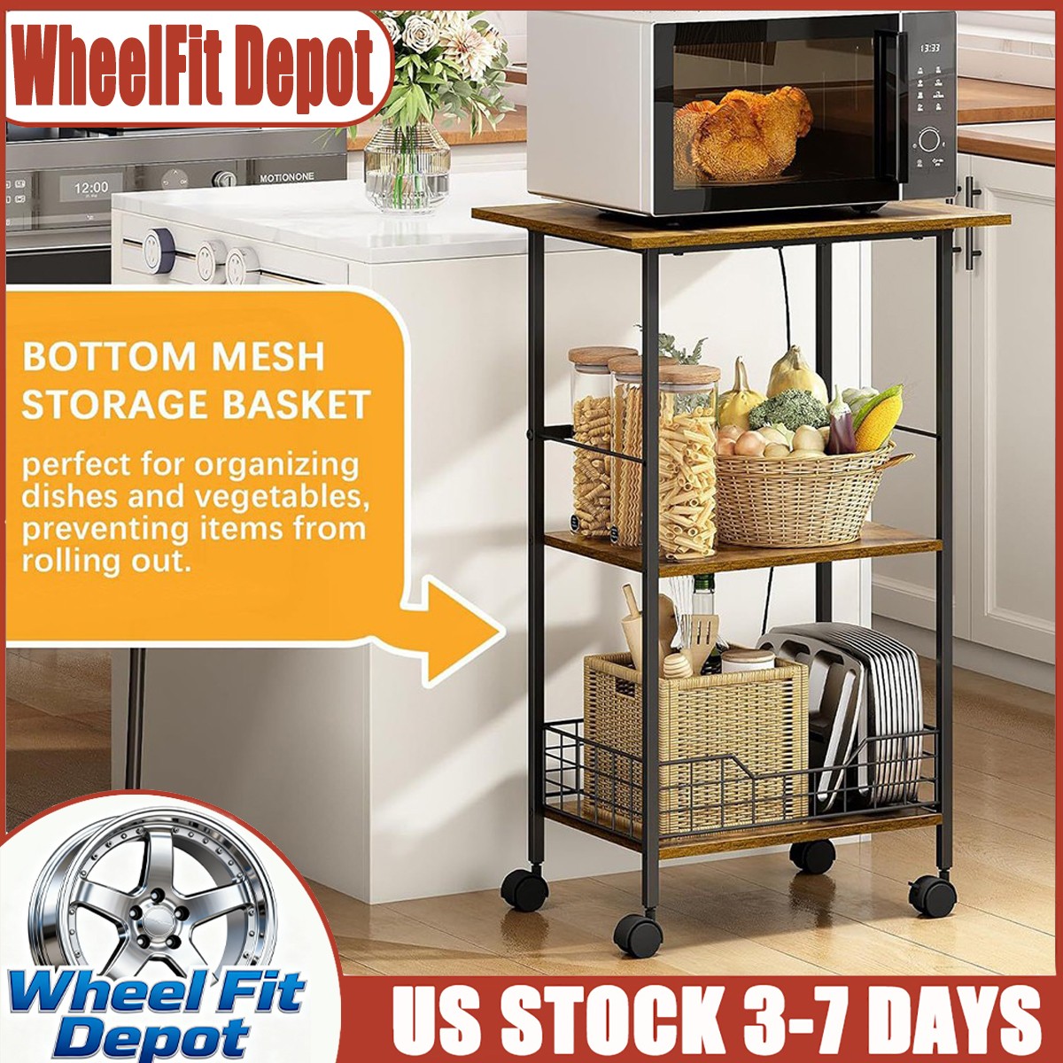 New 3-Tier Kitchen Cart Wood/Metal Snack & Pantry Organizer with Wheels US