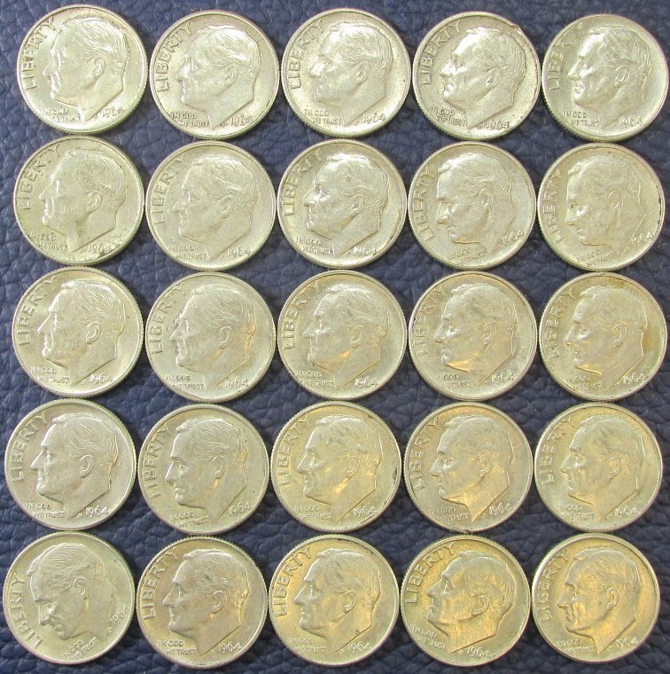 1964 D Roosevelt Dimes 90% Silver - Lot Of 25 Condition Varies L