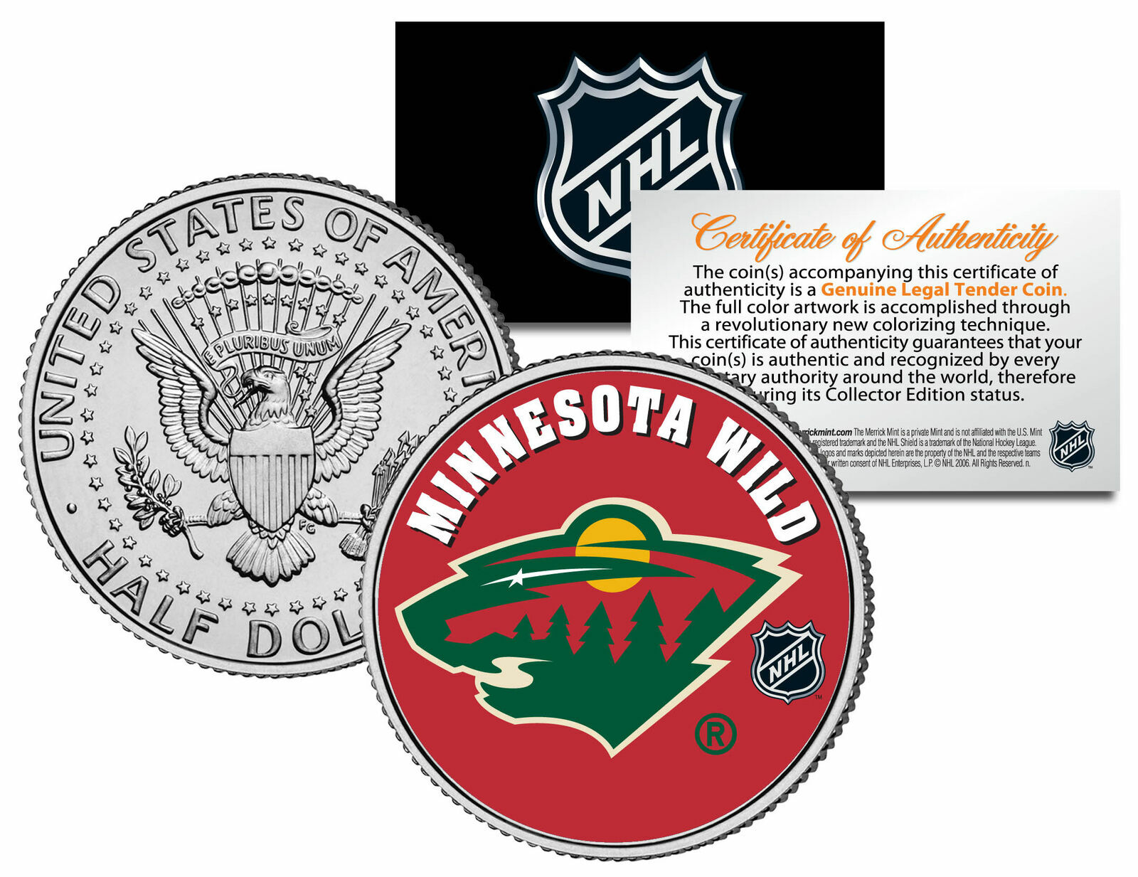 MINNESOTA WILD NHL HOCKEY JFK KENNEDY HALF DOLLAR COIN! W/H COA & STAND!