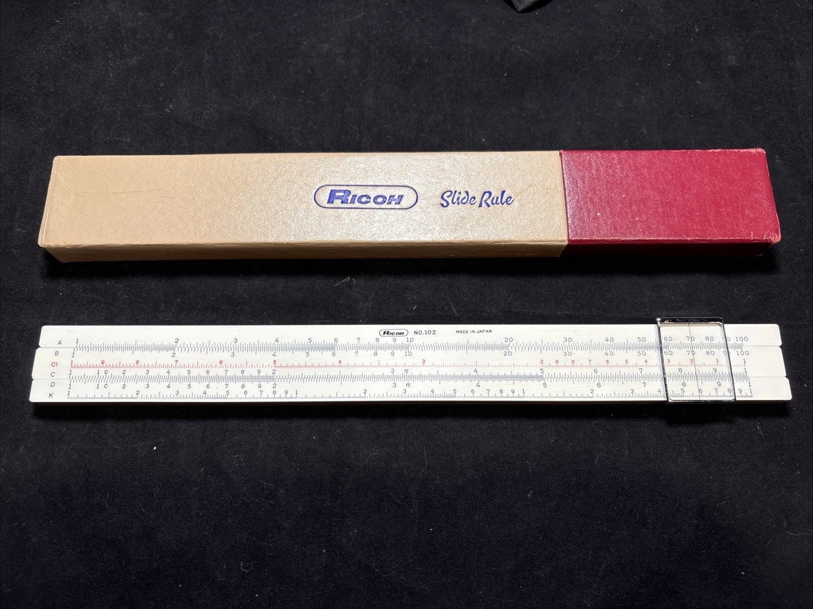 Vintage Ricoh No. 102 Slide Rule Bamboo  w/Box. Made In Japan. Mint Condition