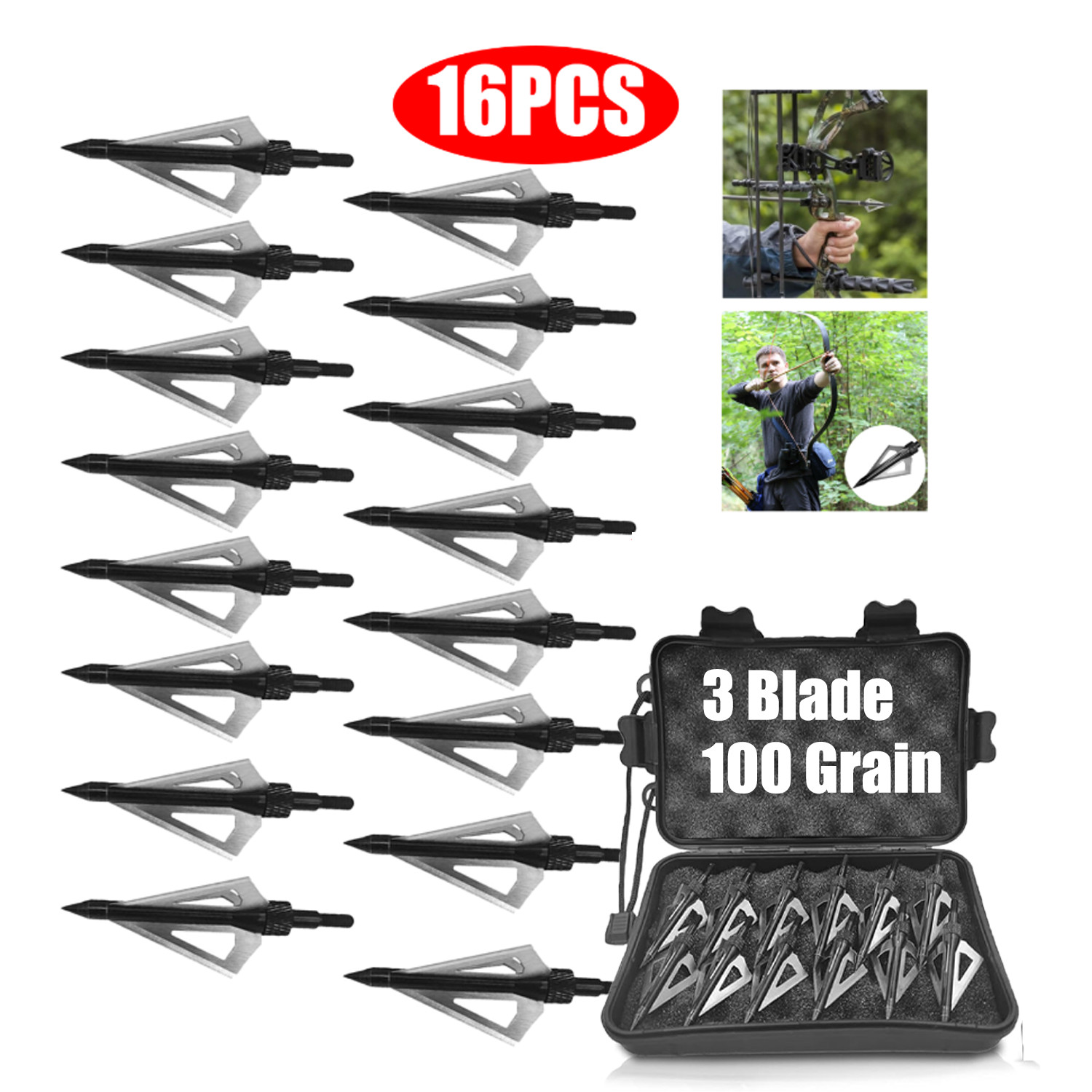 16PCS Archery Broadheads Hunting Archery 100 Grains3 Blades Hunting Heads Tips