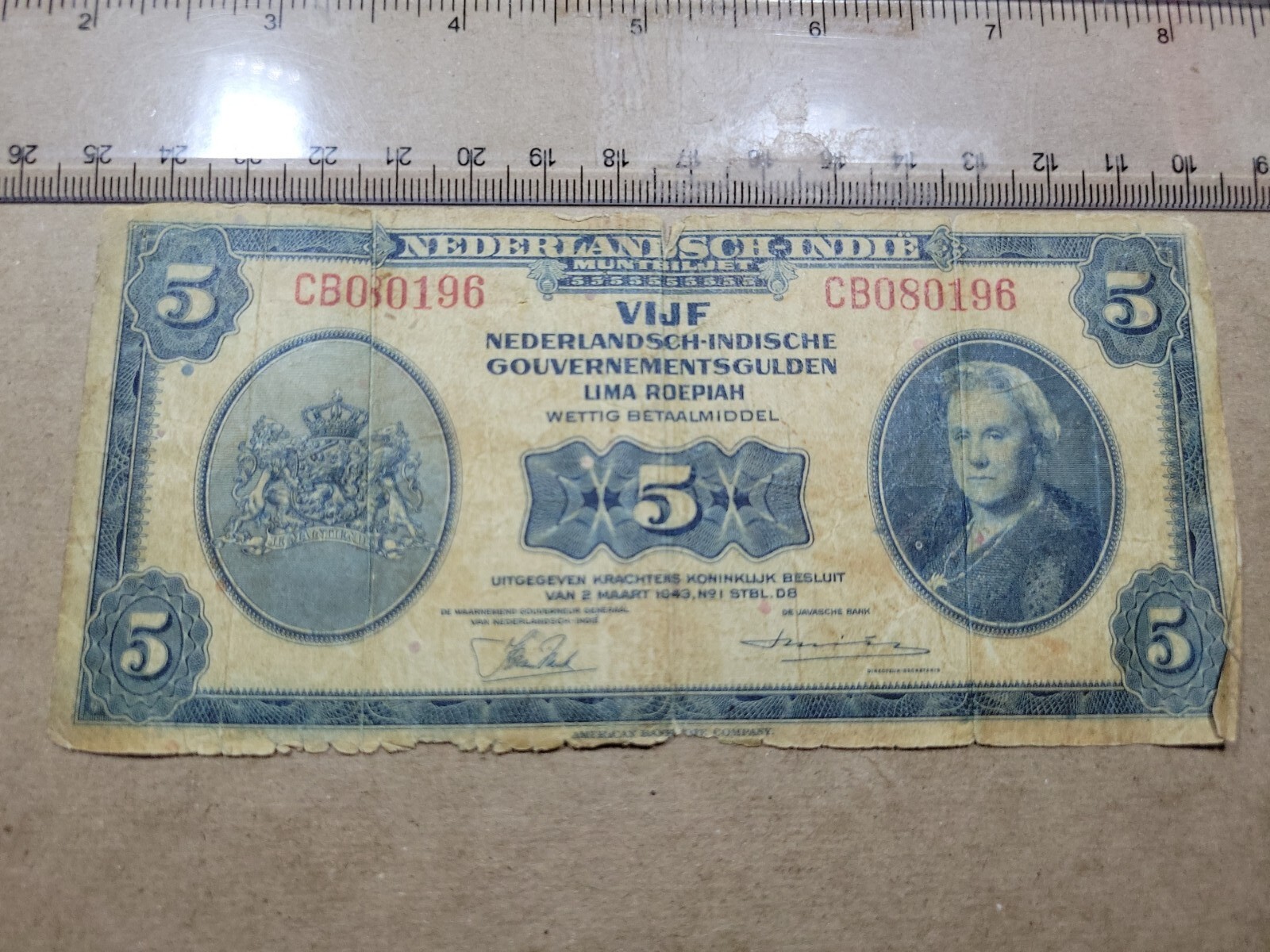 🇳🇱 Netherlands East Indies 5 gulden 1943 P-113  WWII Banknote 102623-4